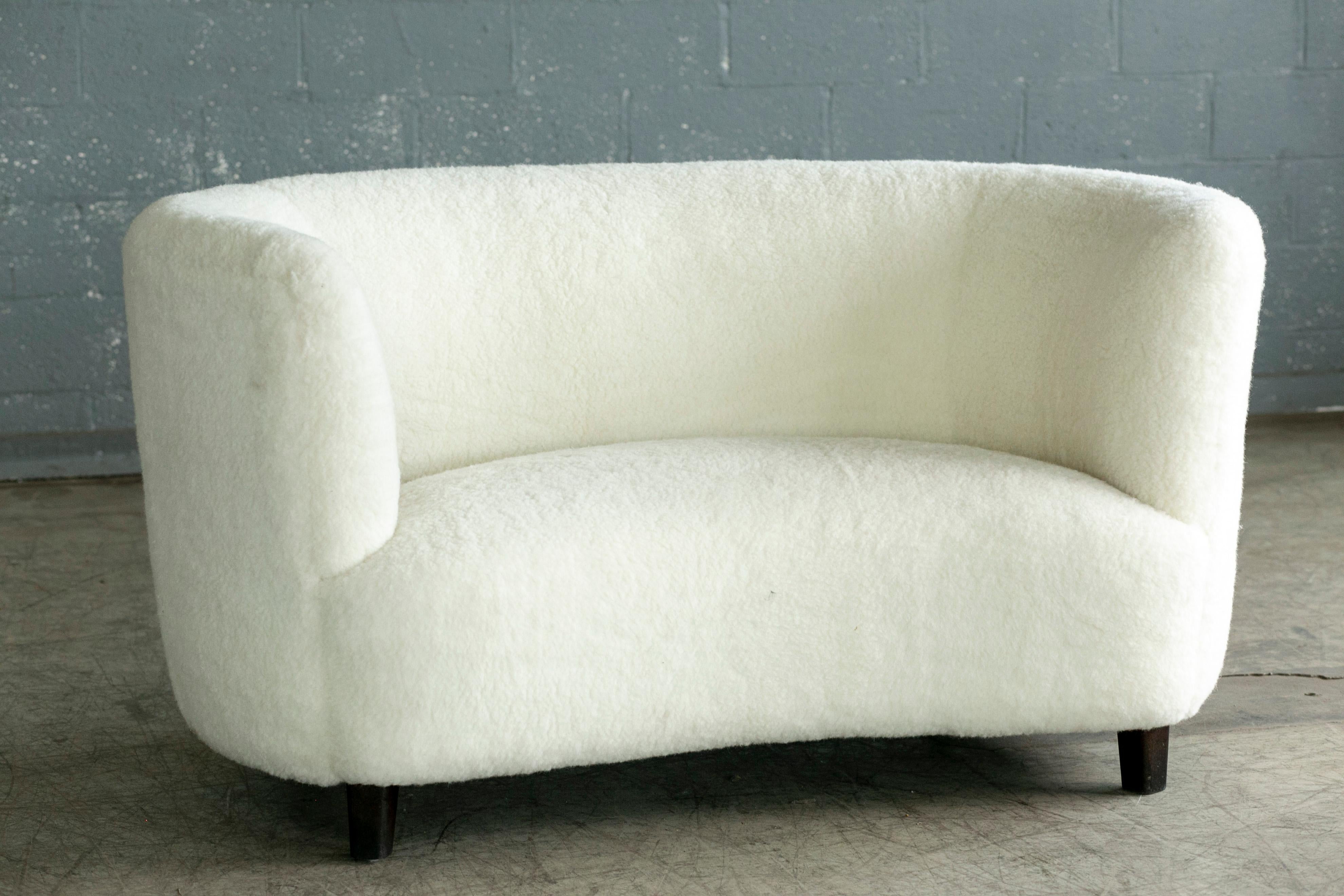 Mid-Century Modern Danish 1940's Banana Shaped Curved Loveseat or Sofa Covered in Lambswool