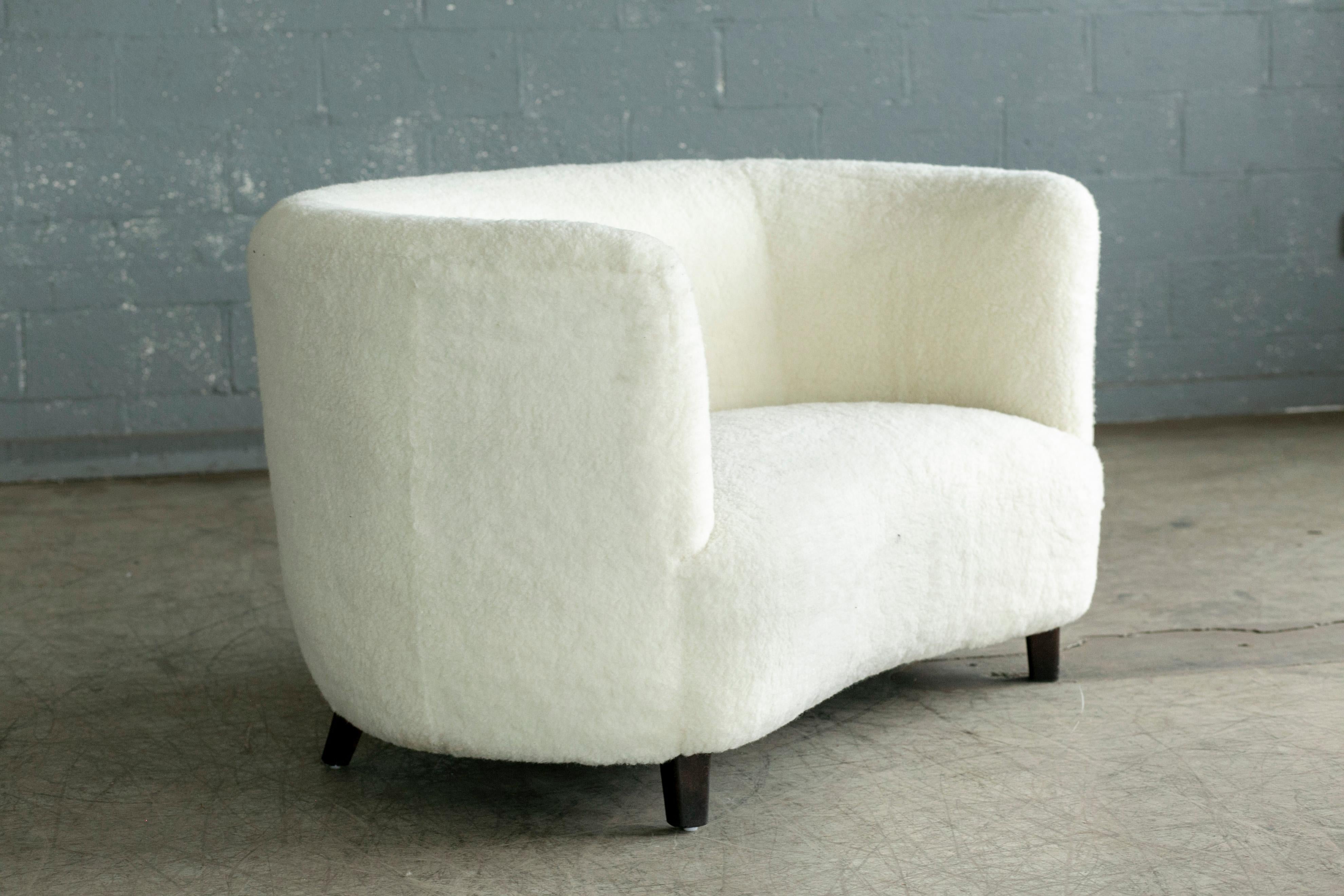 Mid-20th Century Danish 1940's Banana Shaped Curved Loveseat or Sofa Covered in Lambswool