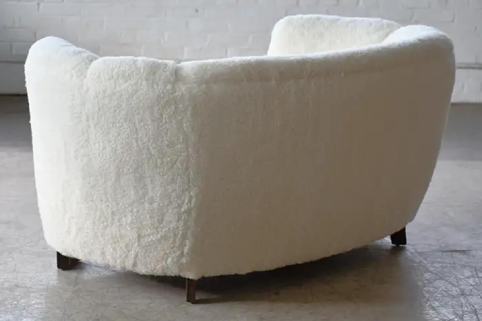 Danish 1940's Banana Shaped Curved Loveseat or Sofa Covered in Lambswool In Excellent Condition For Sale In Bridgeport, CT
