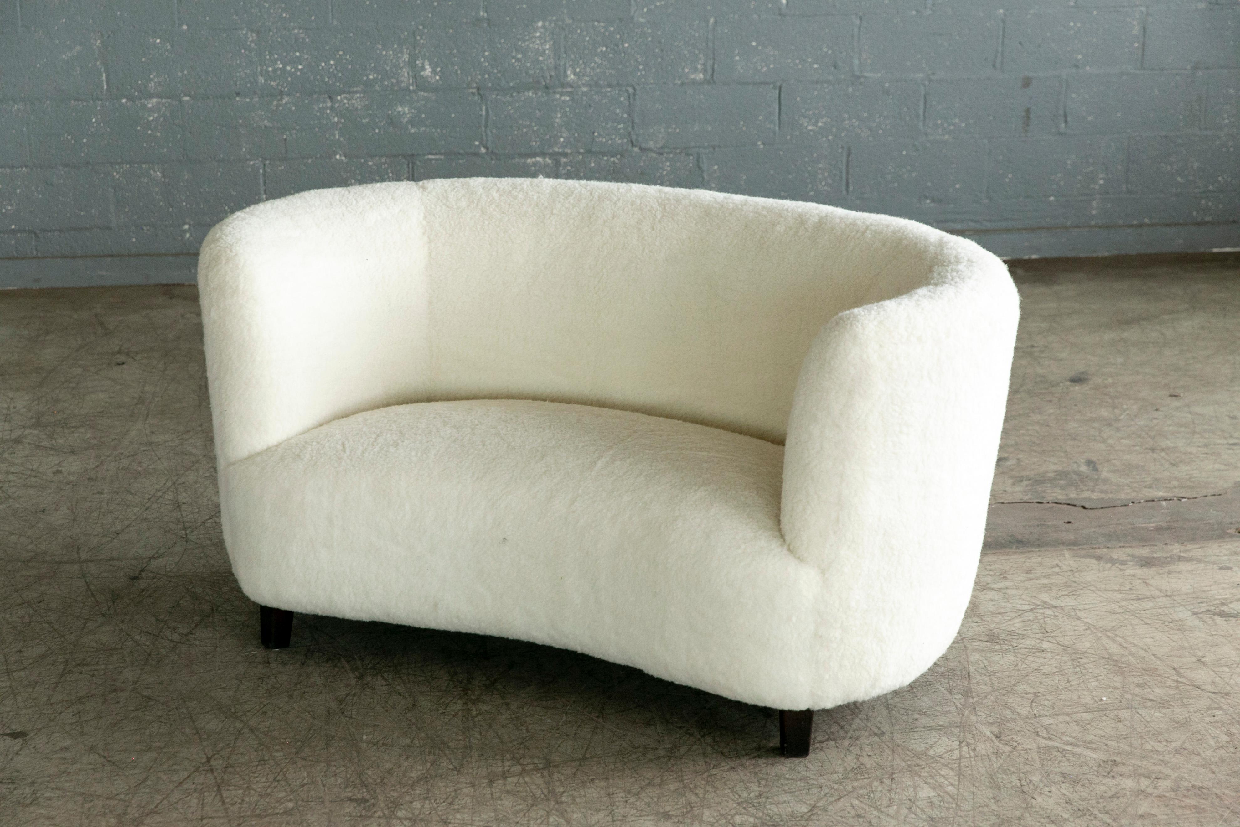 Wool Danish 1940's Banana Shaped Curved Loveseat or Sofa Covered in Lambswool