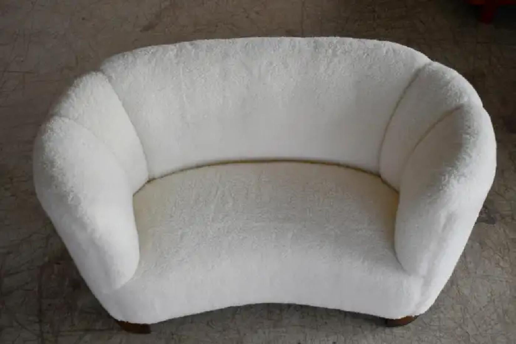 Wool Danish 1940's Banana Shaped Curved Loveseat or Sofa Covered in Lambswool For Sale