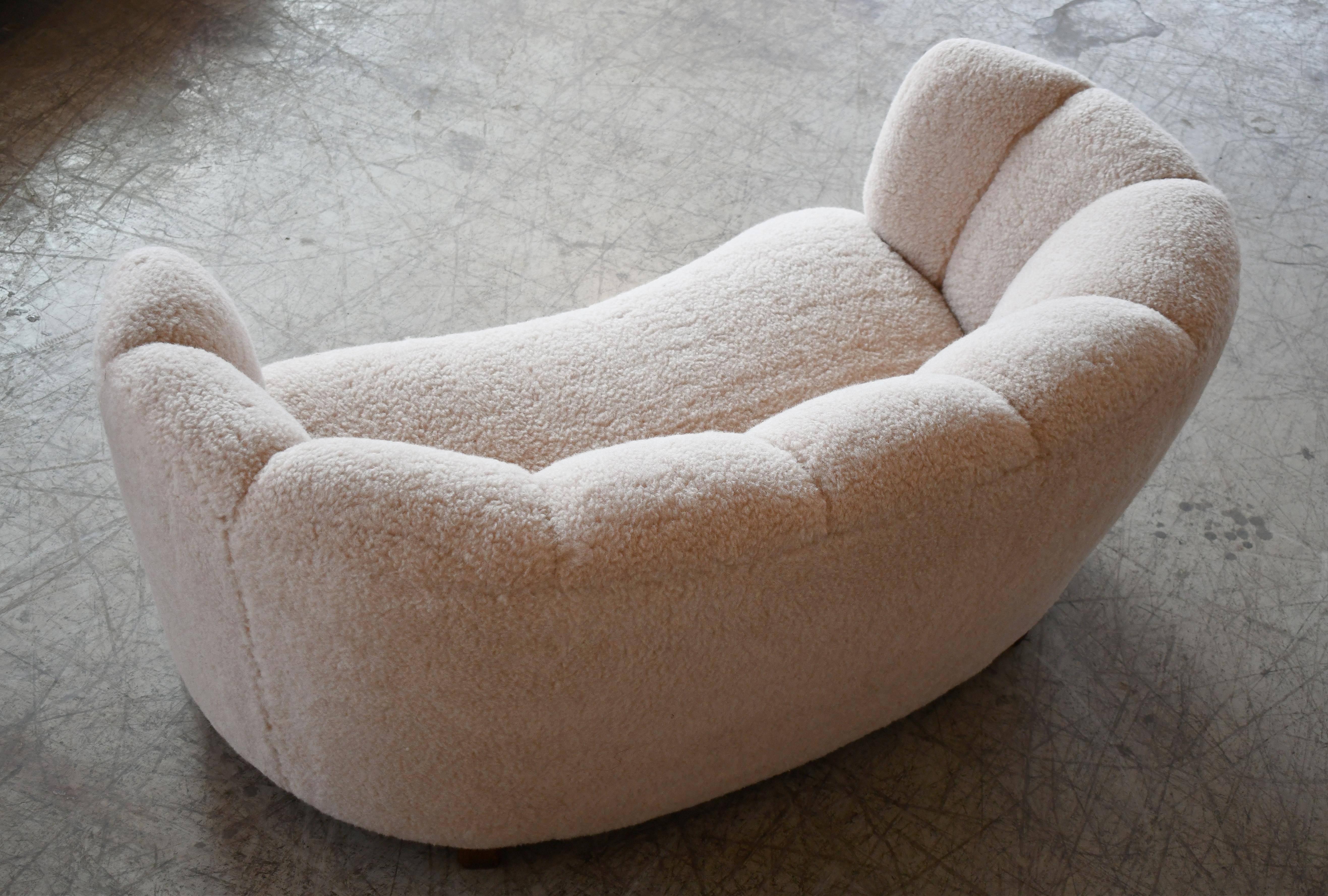 Danish 1940's Banana Shaped Curved Loveseat or Sofa Covered in Beige Lambswool 2