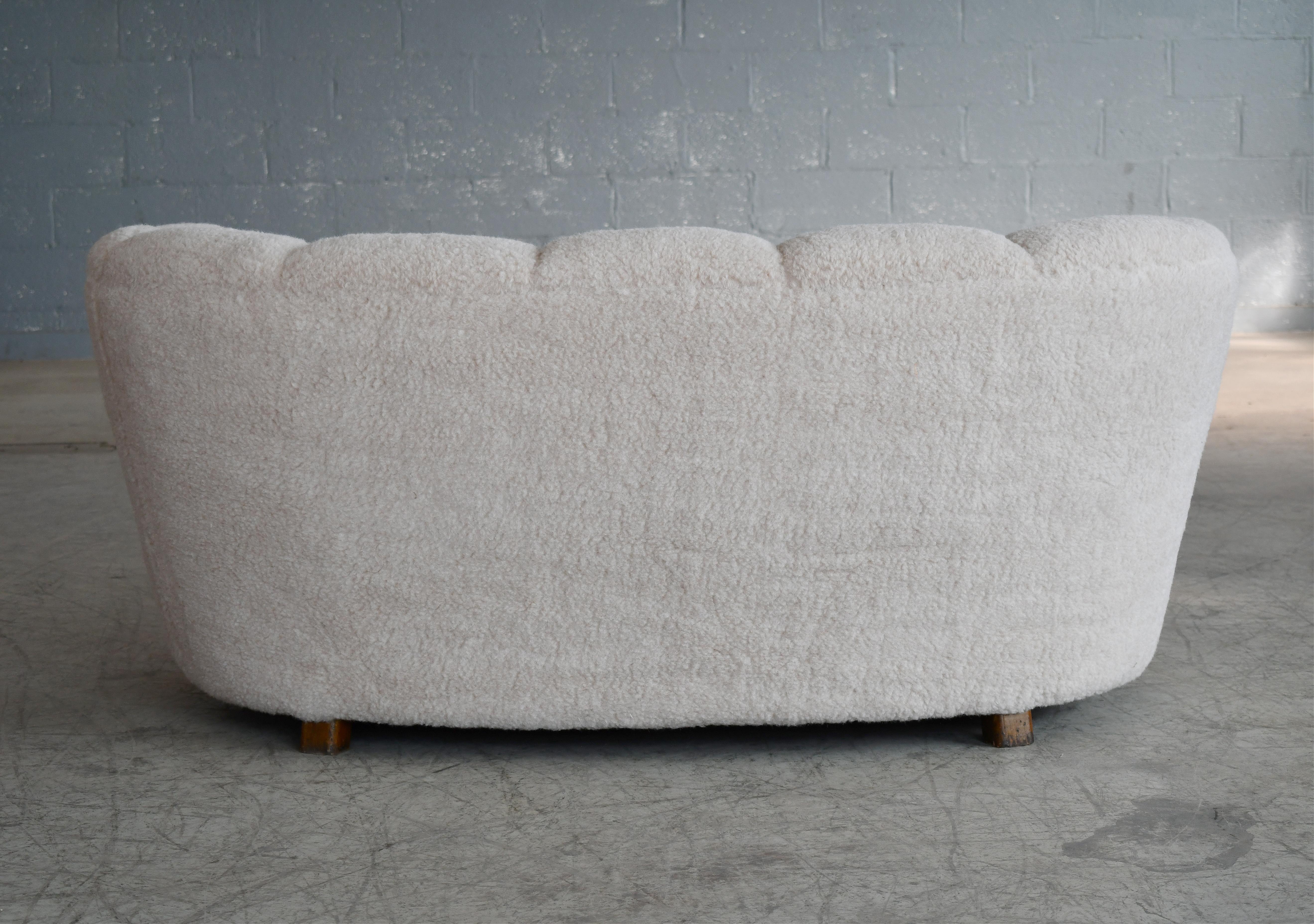 Danish 1940's Banana Shaped Curved Loveseat or Sofa Covered in Beige Lambswool 3
