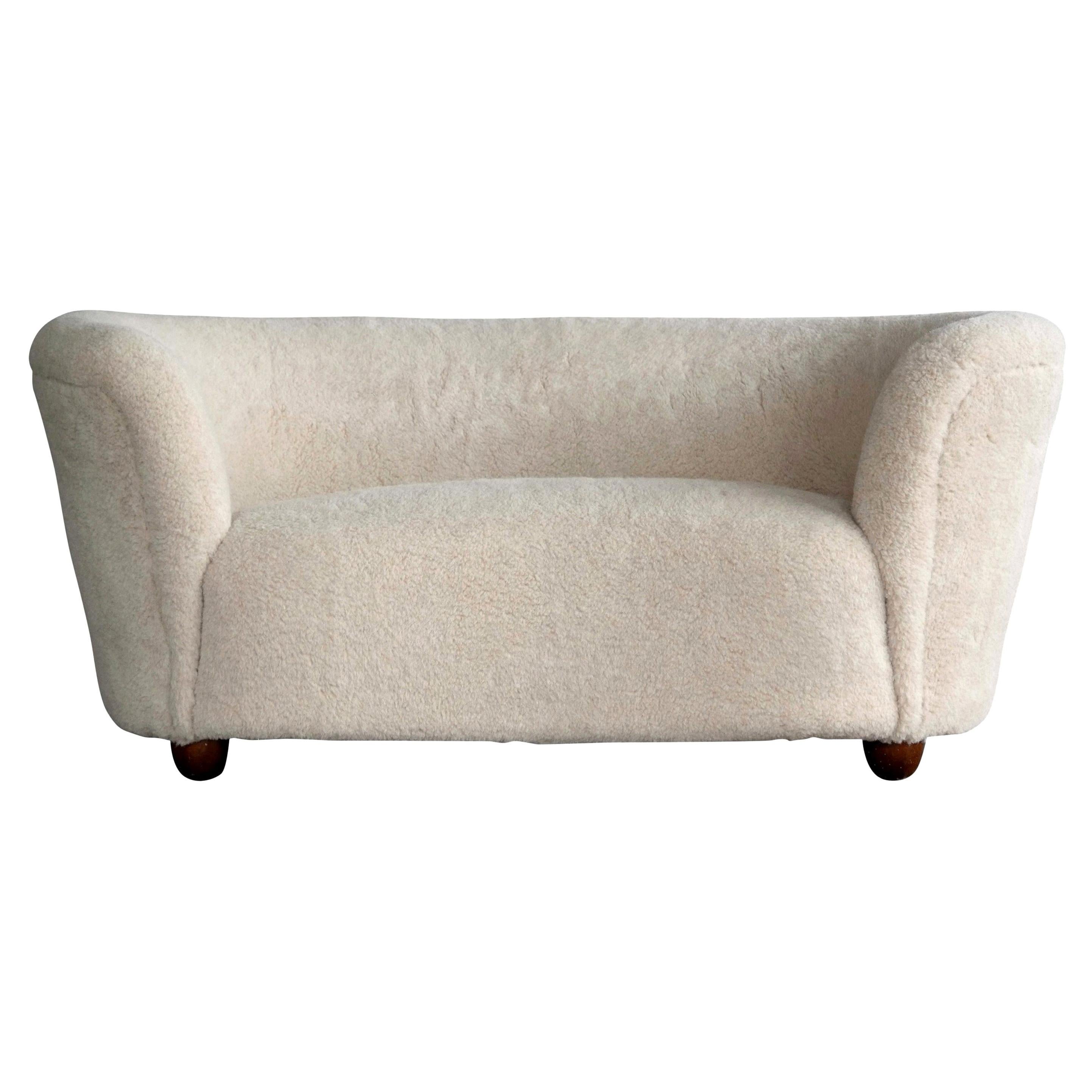 Danish 1940's Banana Shaped Curved Loveseat or Sofa Covered in Lambswool