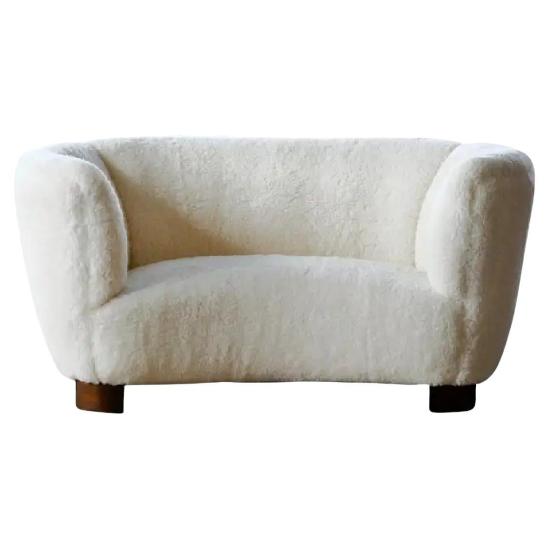 Danish 1940's Banana Shaped Curved Loveseat or Sofa Covered in Lambswool For Sale