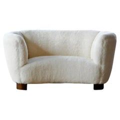 Danish 1940's Banana Shaped Curved Loveseat or Sofa Covered in Lambswool