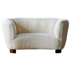 Vintage Danish 1940's Banana Shaped Curved Loveseat or Sofa Covered in Lambswool