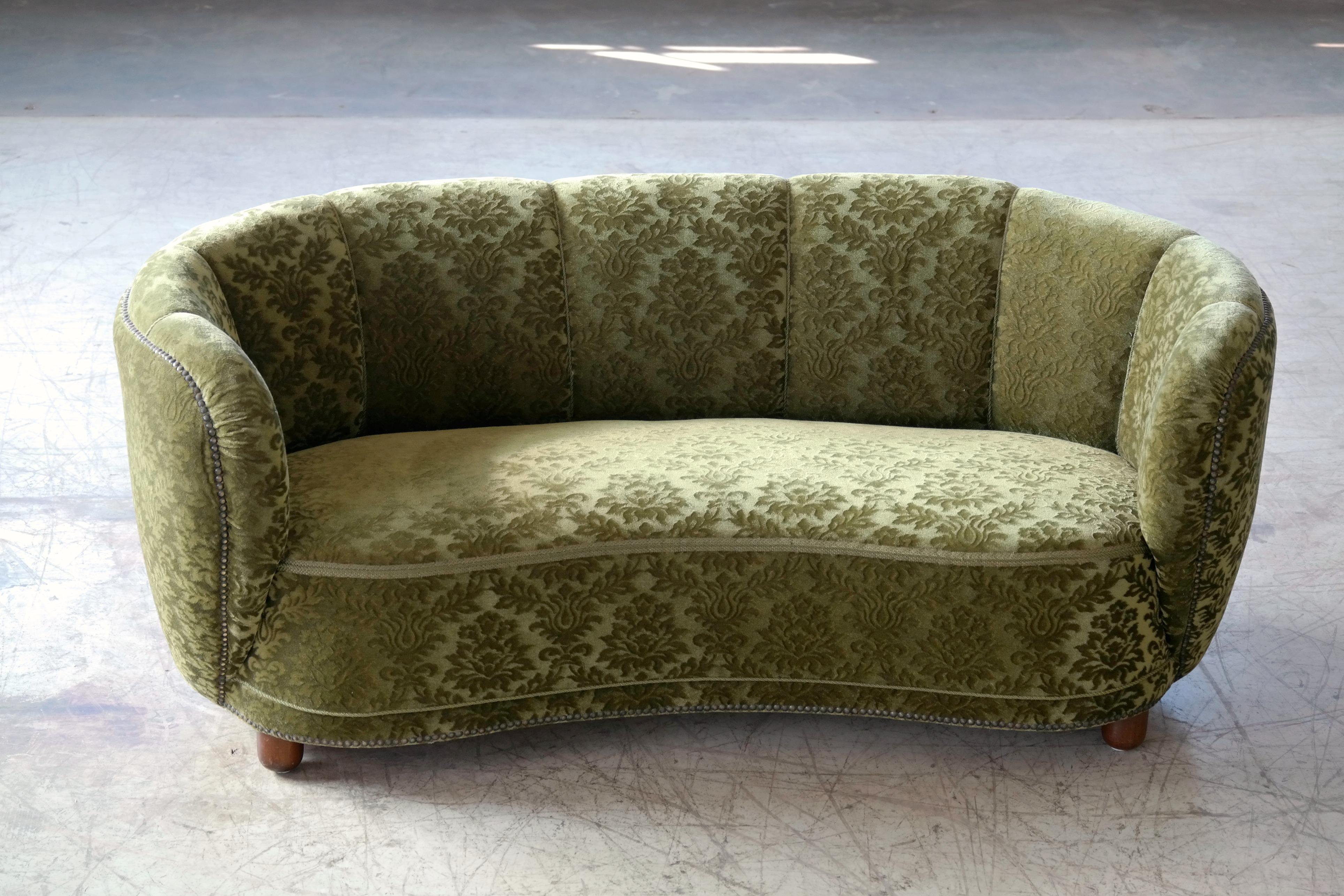 Mid-Century Modern Danish 1940s Banana Shaped Curved Sofa Covered in Original Velvet