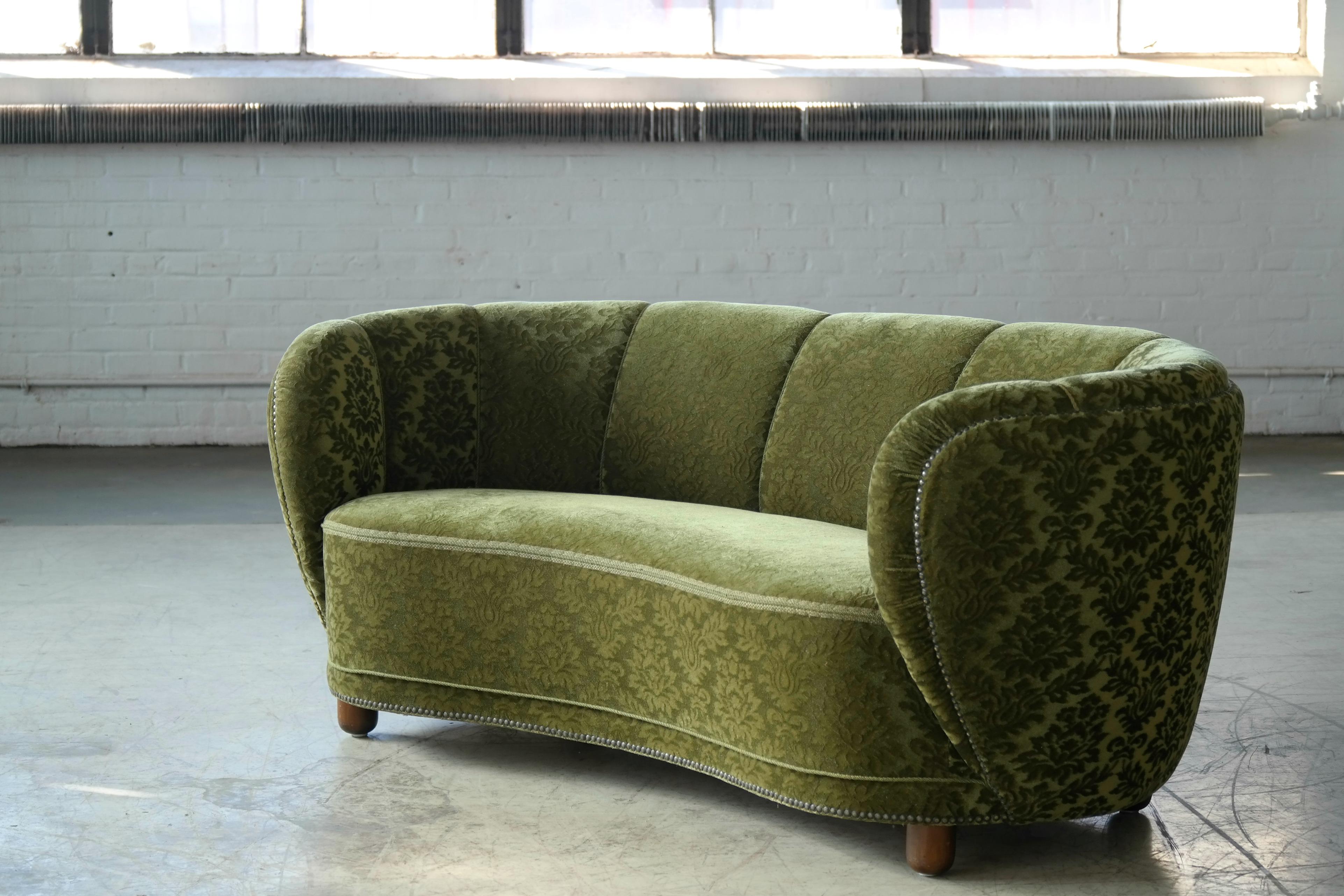Mid-20th Century Danish 1940s Banana Shaped Curved Sofa Covered in Original Velvet