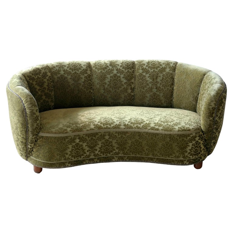 Danish 1940s Banana Shaped Curved Sofa Covered in Original Velvet at