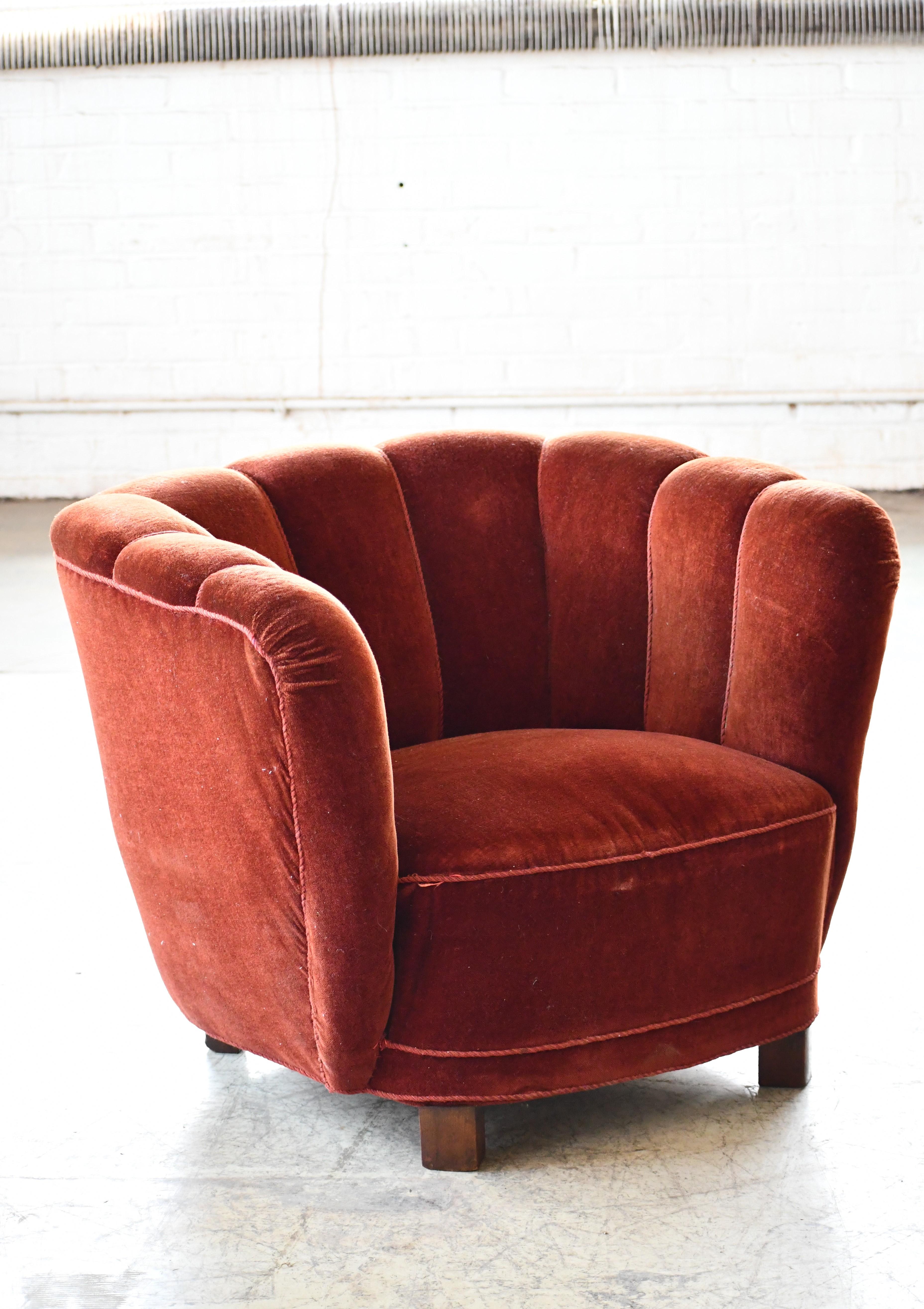 Mid-Century Modern Danish 1940s Banana Style Curved Tub Club Chair with Channel Back in Red Mohair For Sale