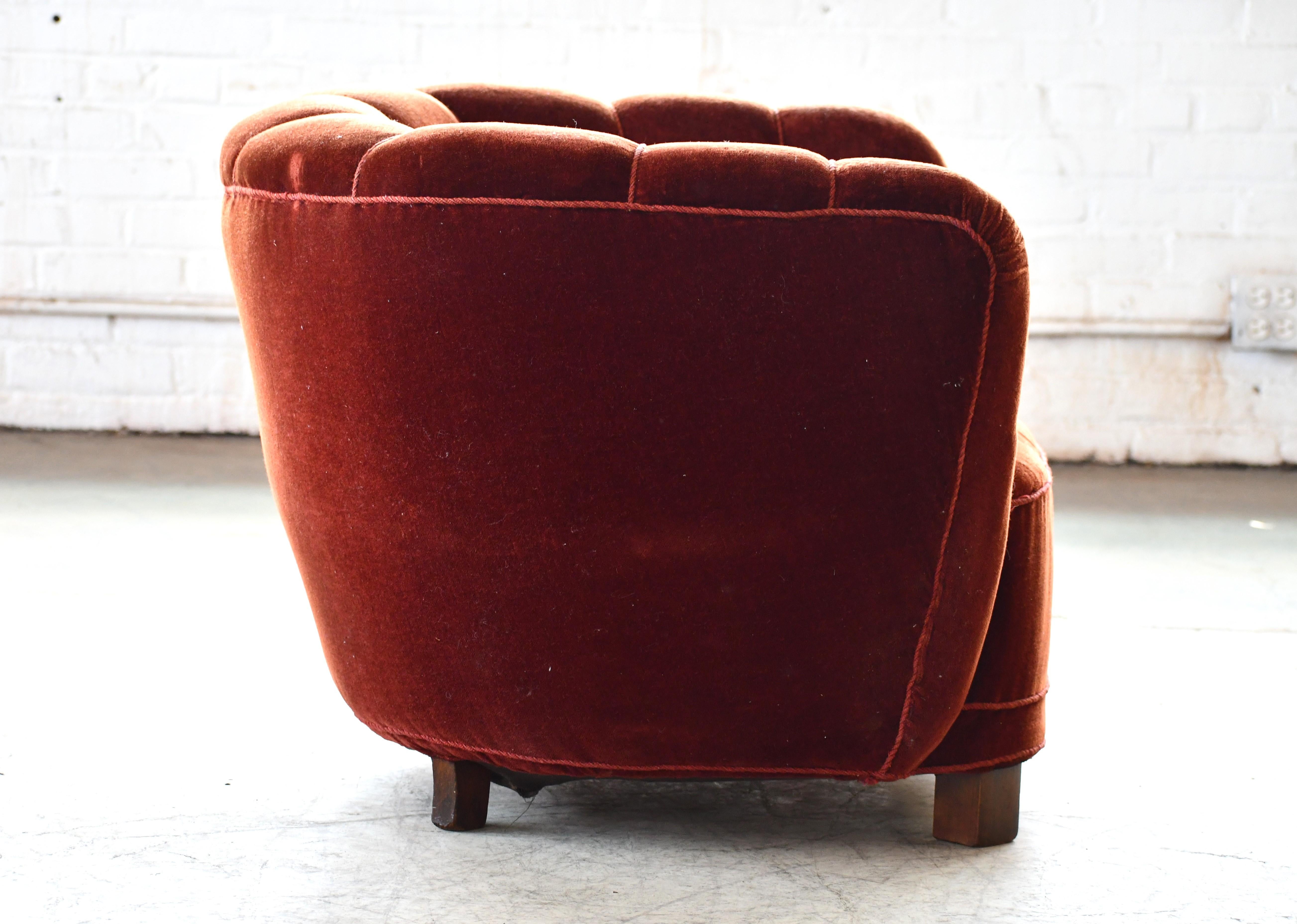 Mid-20th Century Danish 1940s Banana Style Curved Tub Club Chair with Channel Back in Red Mohair For Sale