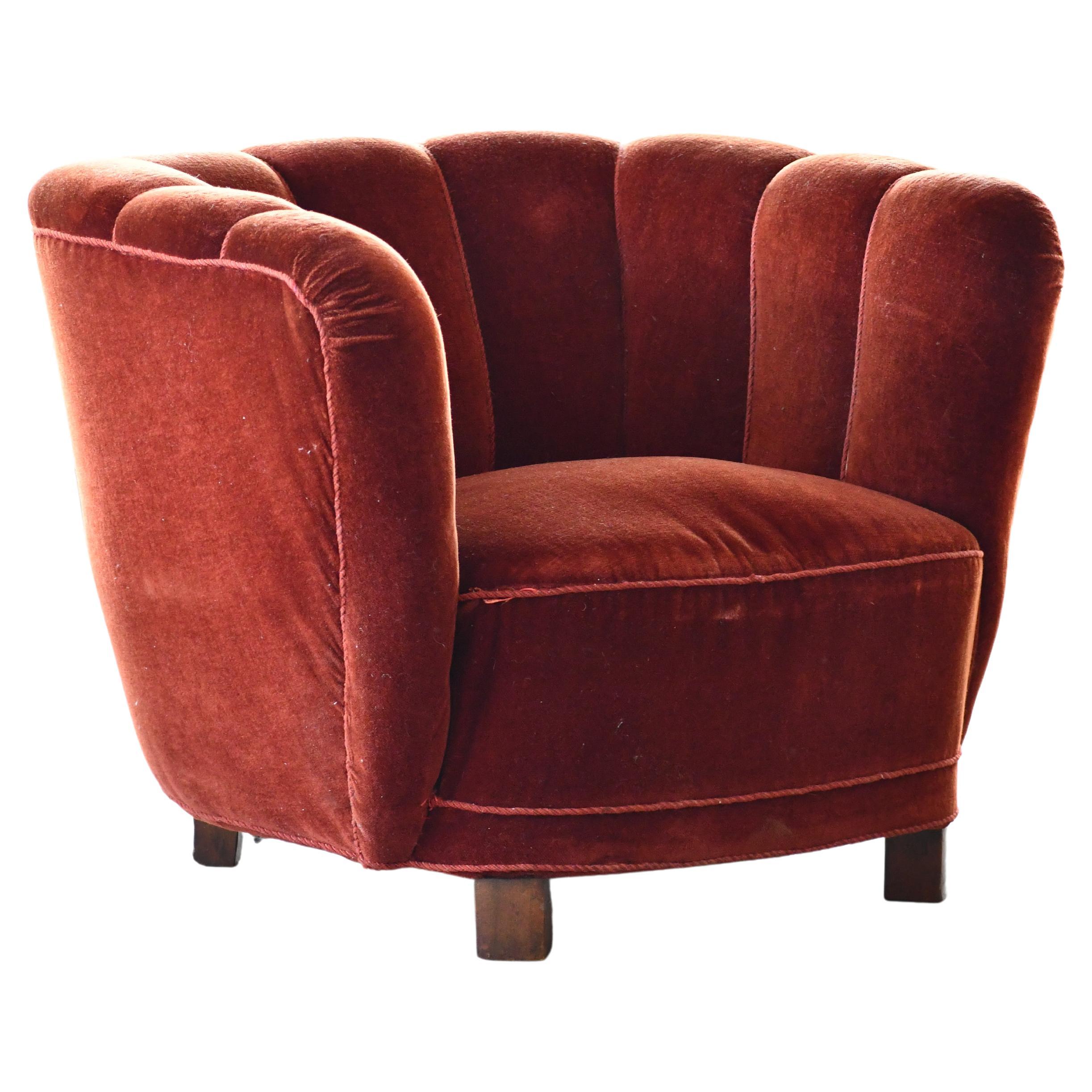 Danish 1940s Banana Style Curved Tub Club Chair with Channel Back in Red Mohair For Sale