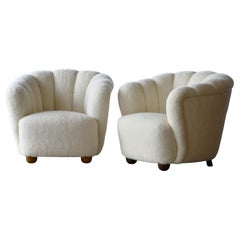 Danish 1940s Barrell Style Club Chairs with Channel Back and Lambswool