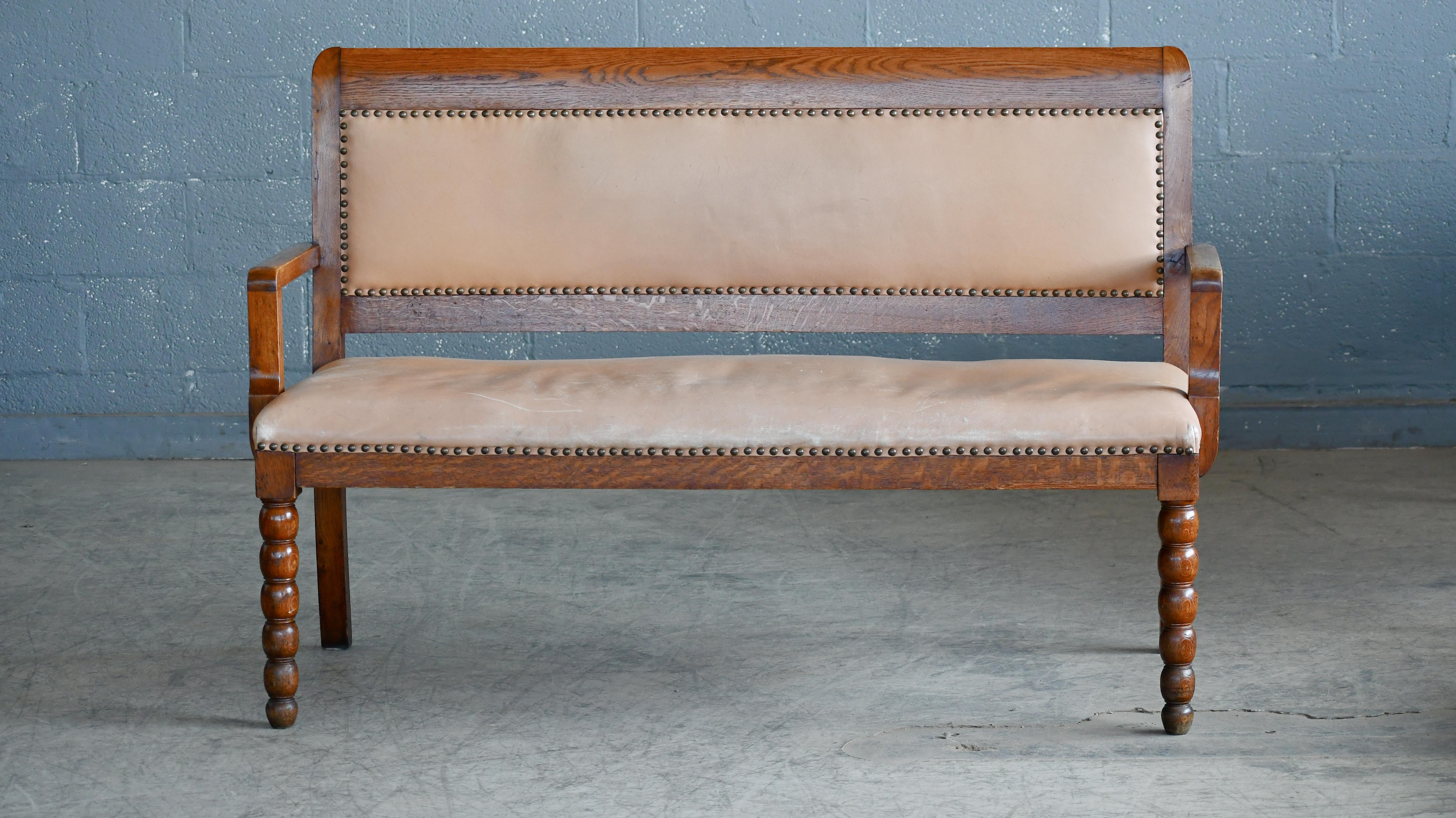 Danish 1940's Bench in Carved Oak and Tan Leather 1