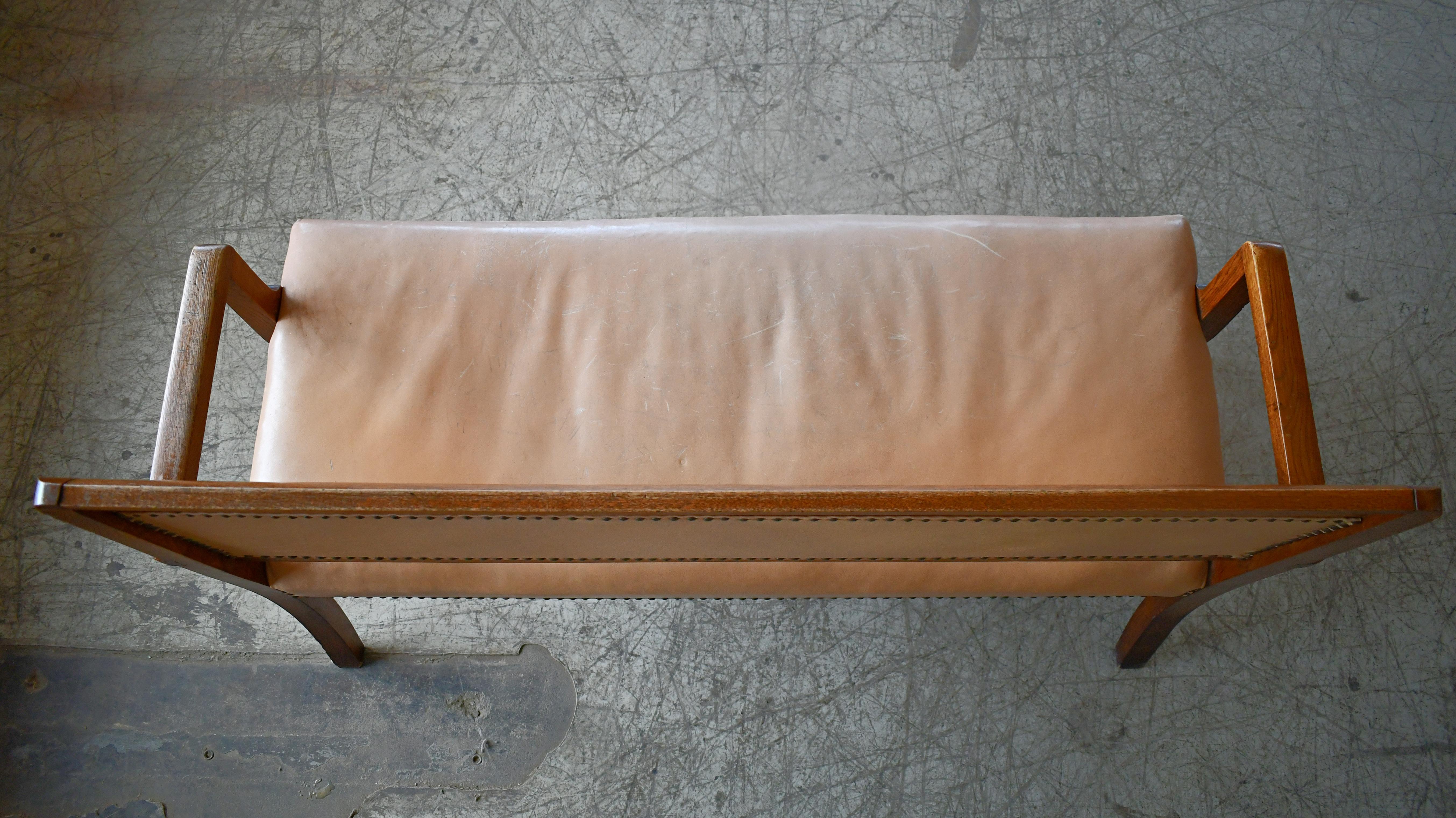 Danish 1940's Bench in Carved Oak and Tan Leather 2