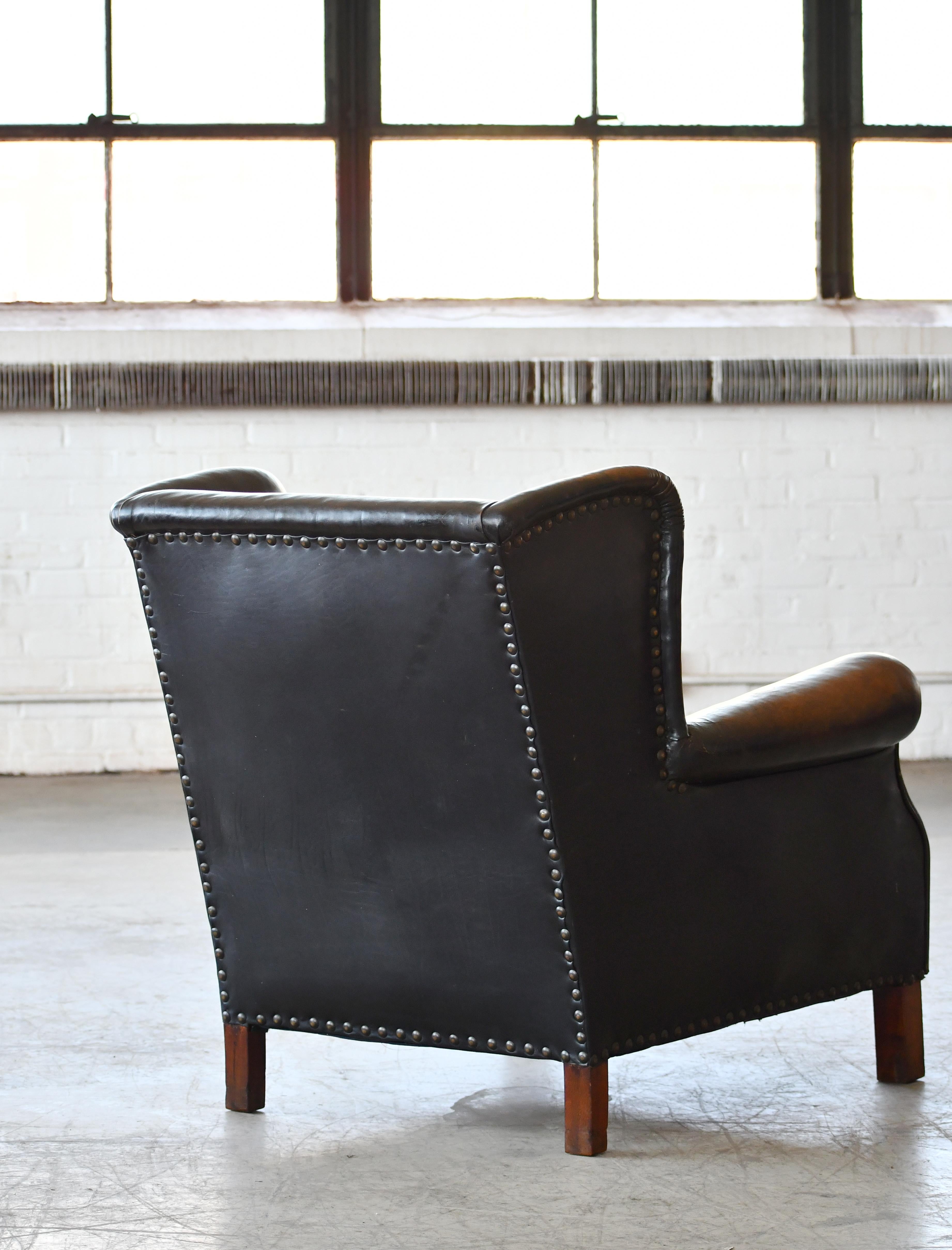 Danish 1940's Black Leather Large Wingback Lounge Chair with Patina 8