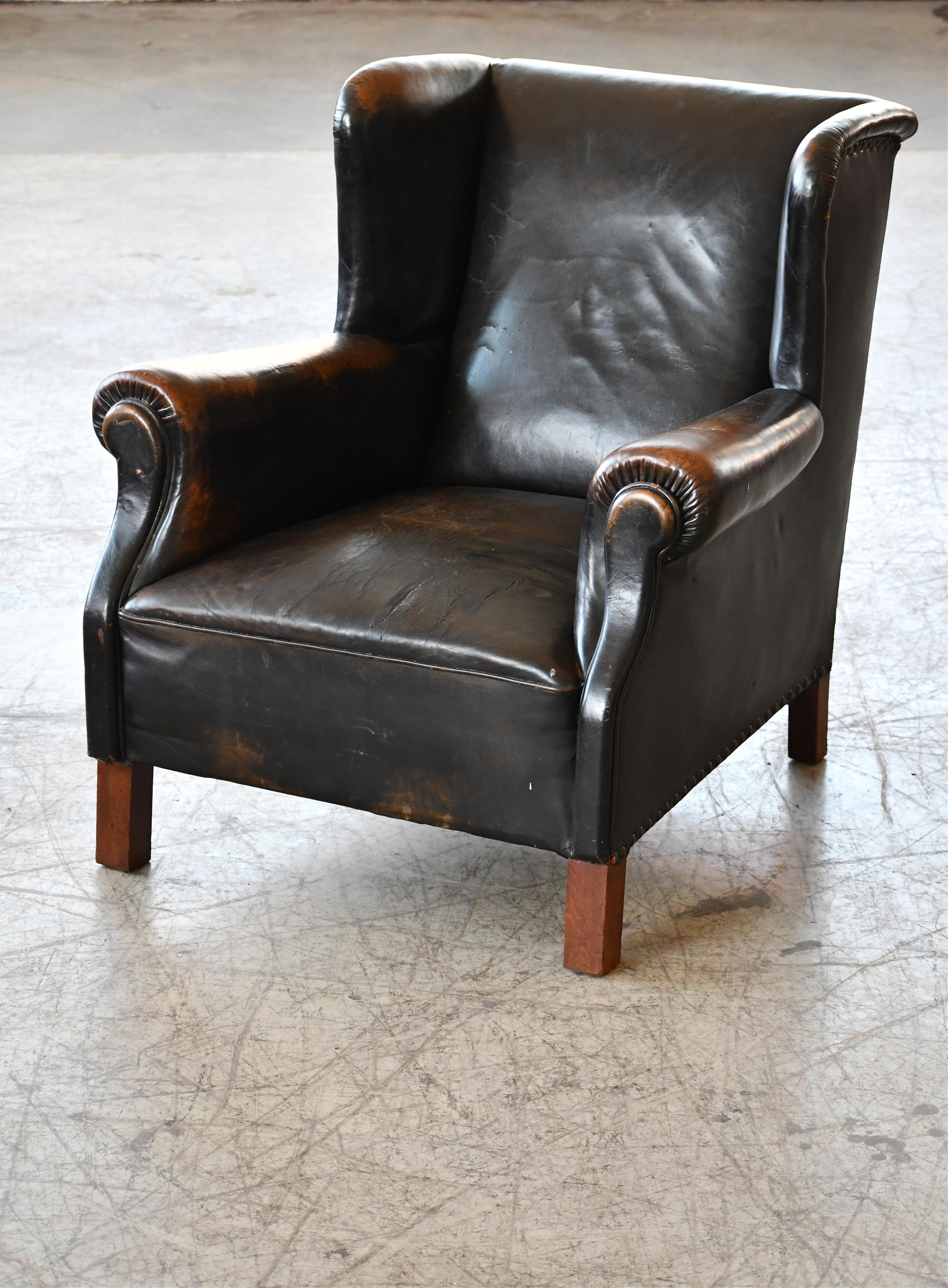 Danish 1940's Black Leather Large Wingback Lounge Chair with Patina 1
