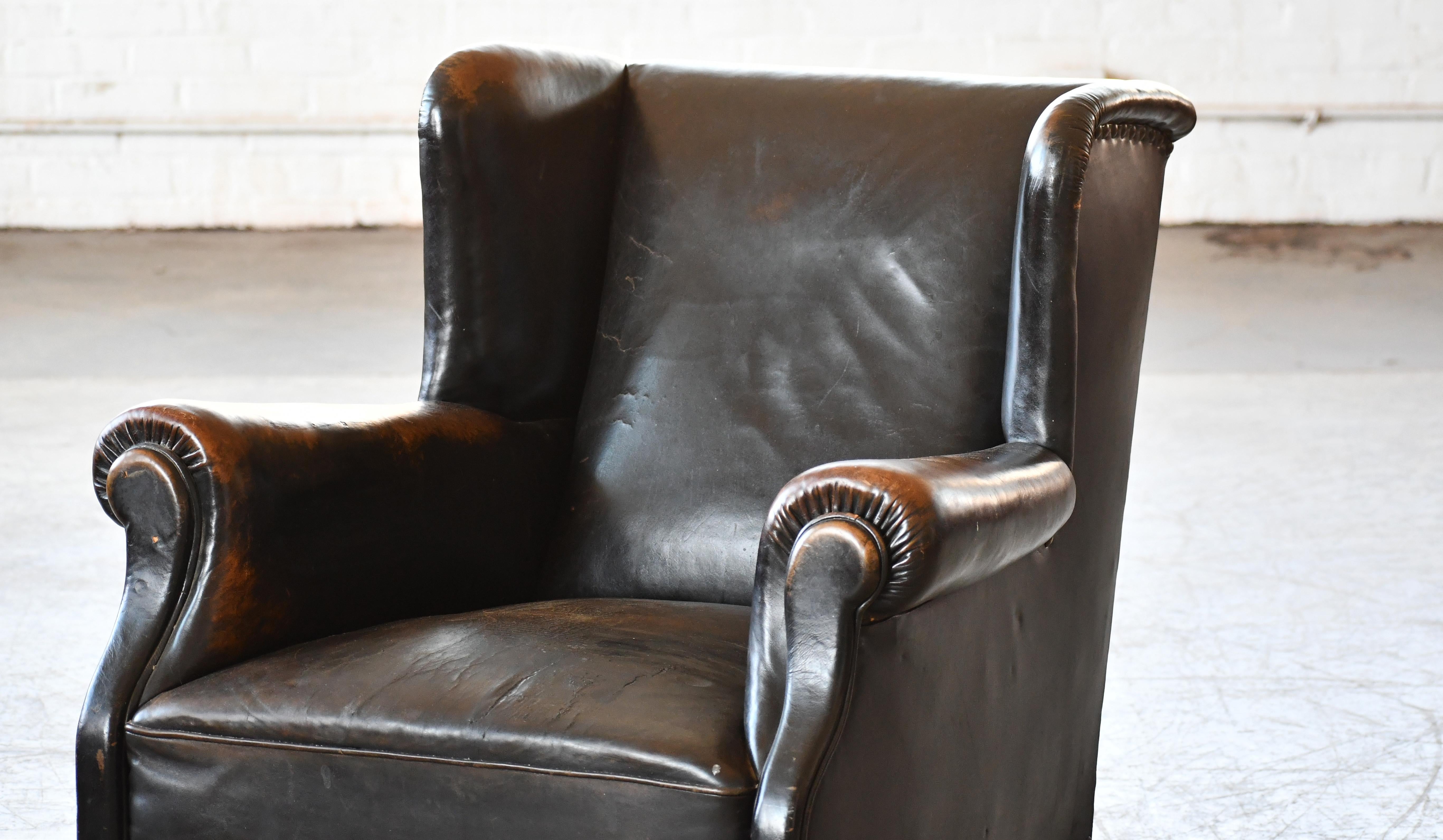 Danish 1940's Black Leather Large Wingback Lounge Chair with Patina 2