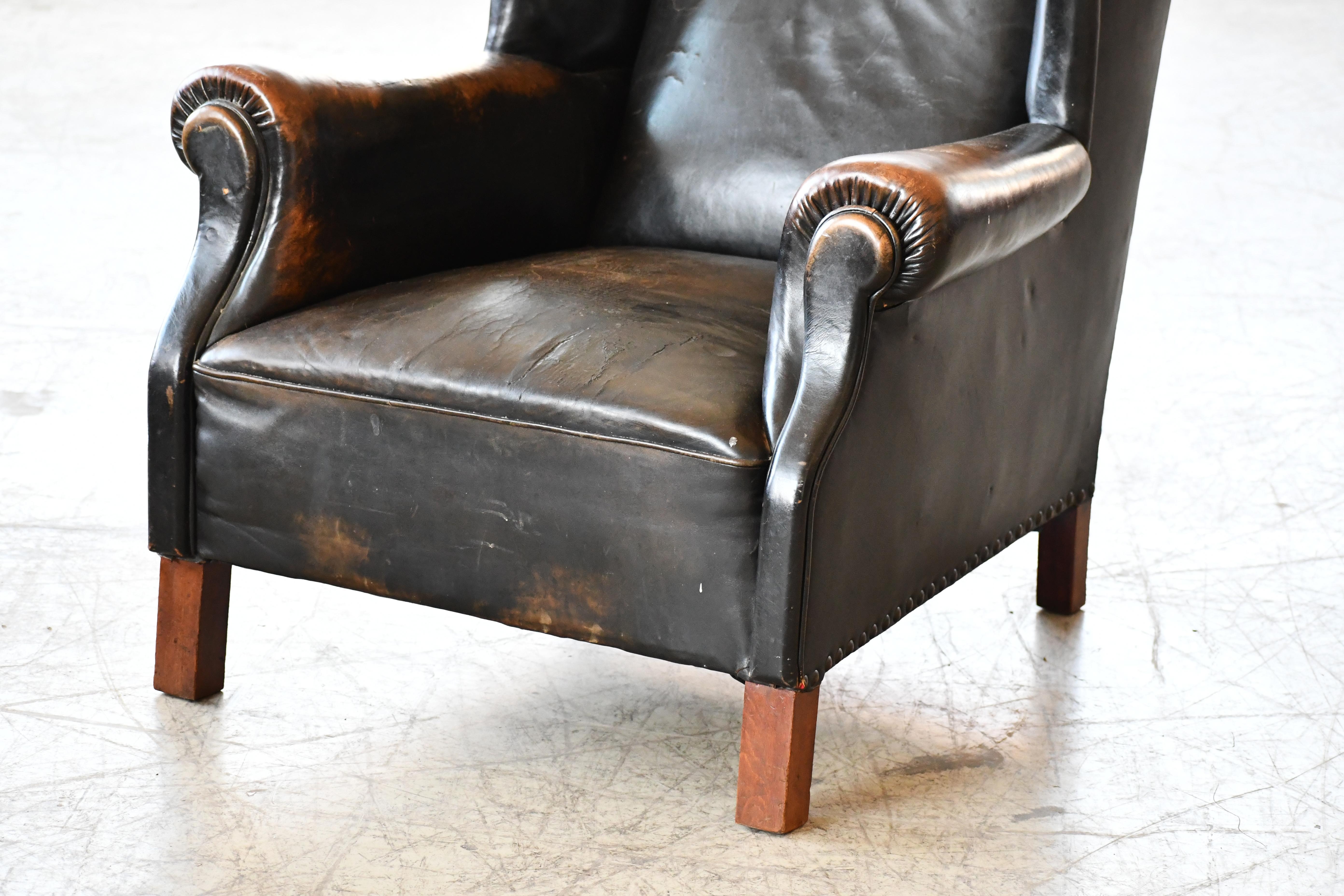 Danish 1940's Black Leather Large Wingback Lounge Chair with Patina 3
