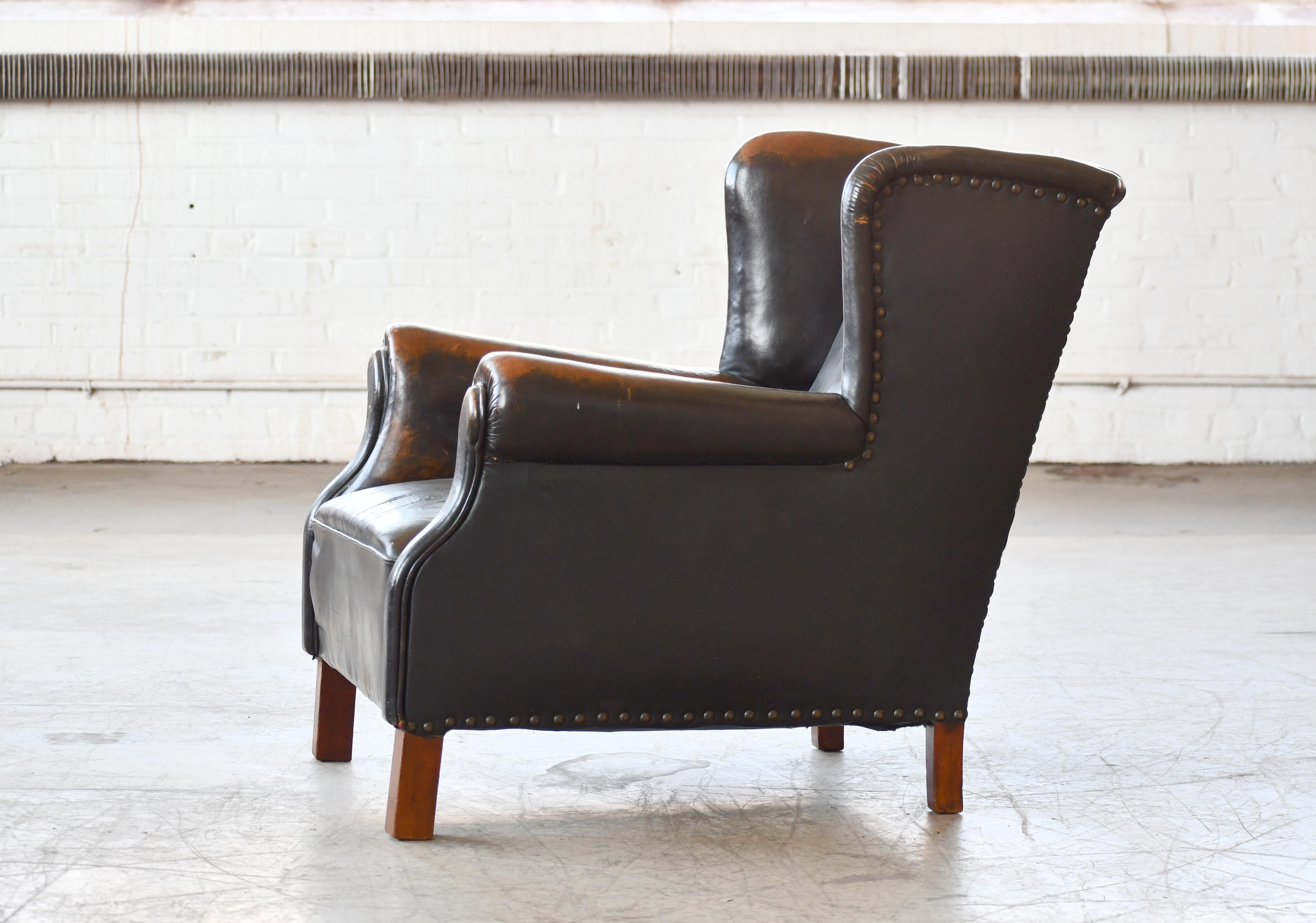 Danish 1940's Black Leather Large Wingback Lounge Chair with Patina 4