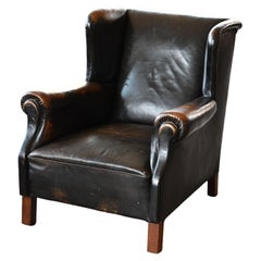 Danish 1940's Black Leather Large Wingback Lounge Chair with Patina