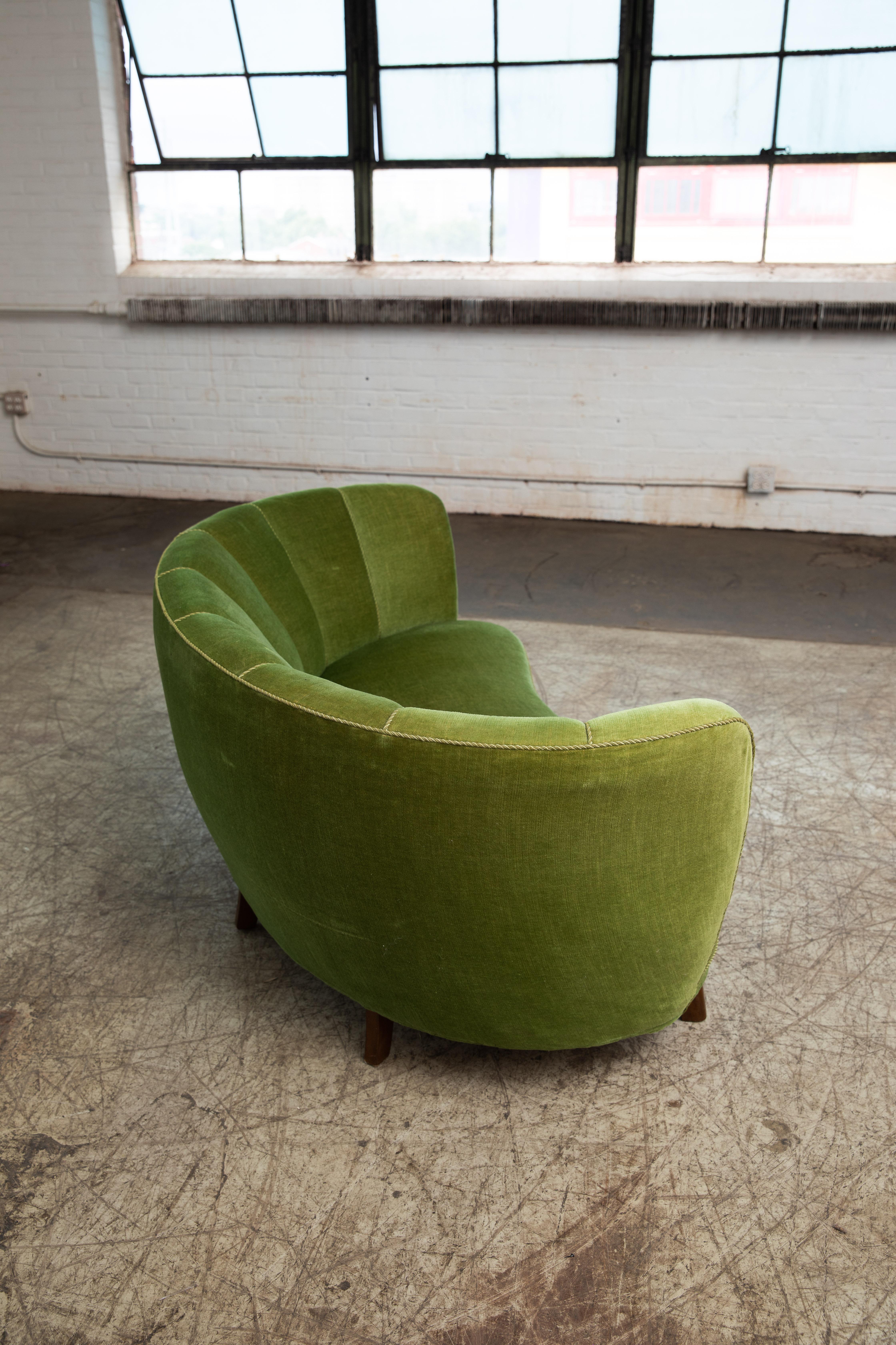 Danish 1940s Boesen Style Banana Form Curved Sofa or Loveseat in Green Mohair 3