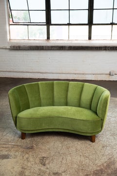 Danish 1940s Boesen Style Banana Form Curved Sofa or Loveseat in Green Mohair
