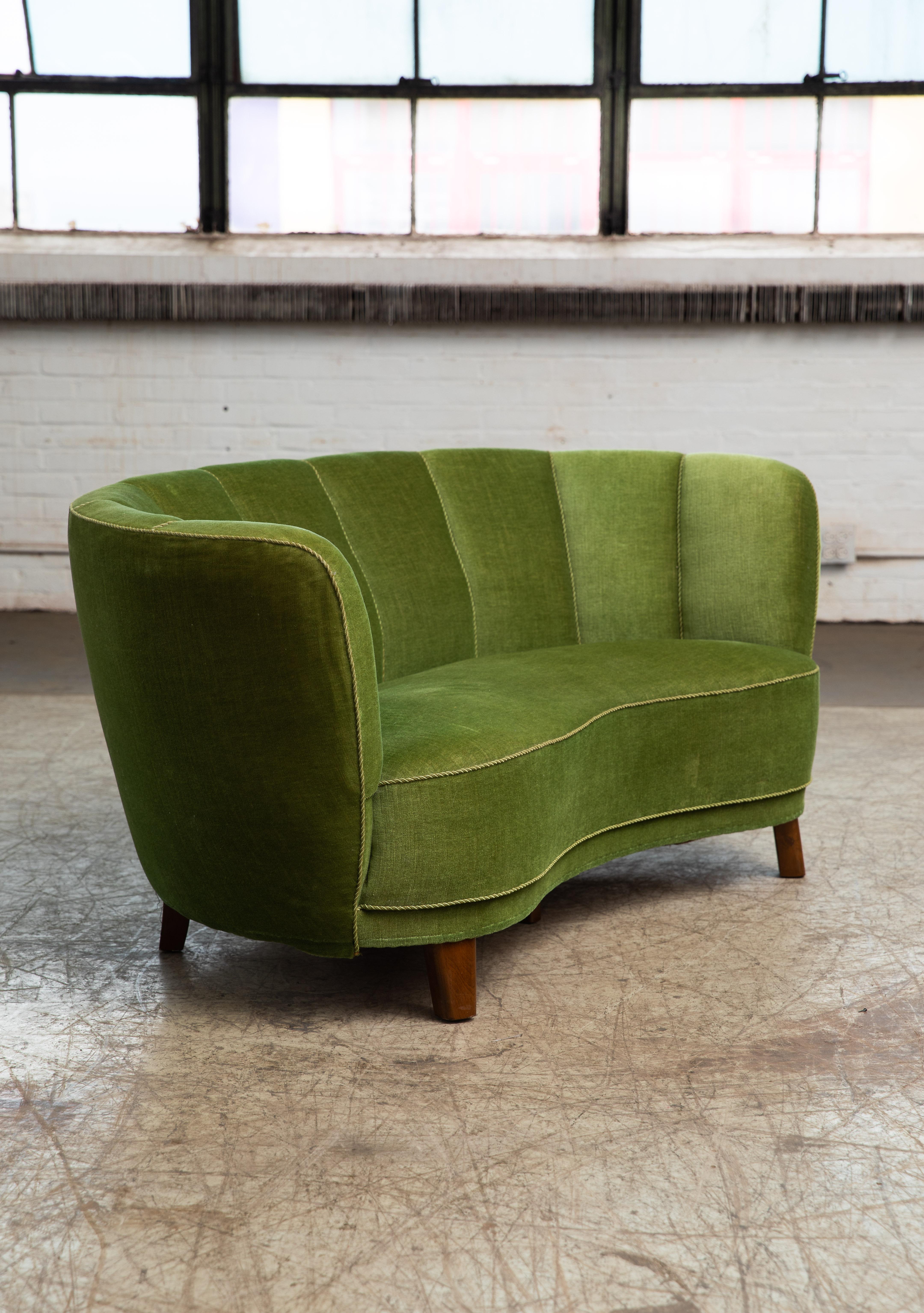 Mid-Century Modern Danish 1940s Boesen Style Banana Form Curved Sofa or Loveseat in Green Mohair