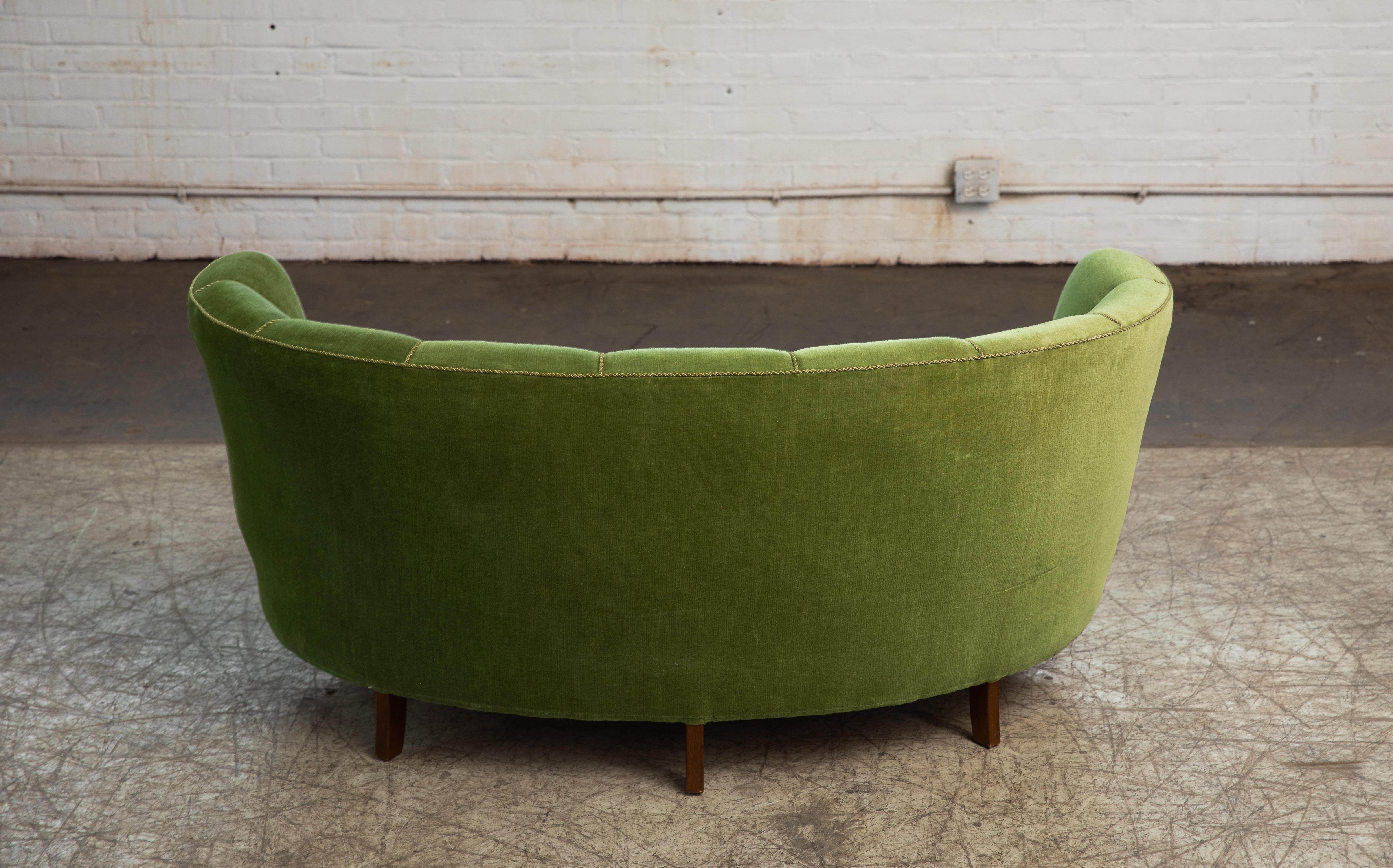 Danish 1940s Boesen Style Banana Form Curved Sofa or Loveseat in Green Mohair 2