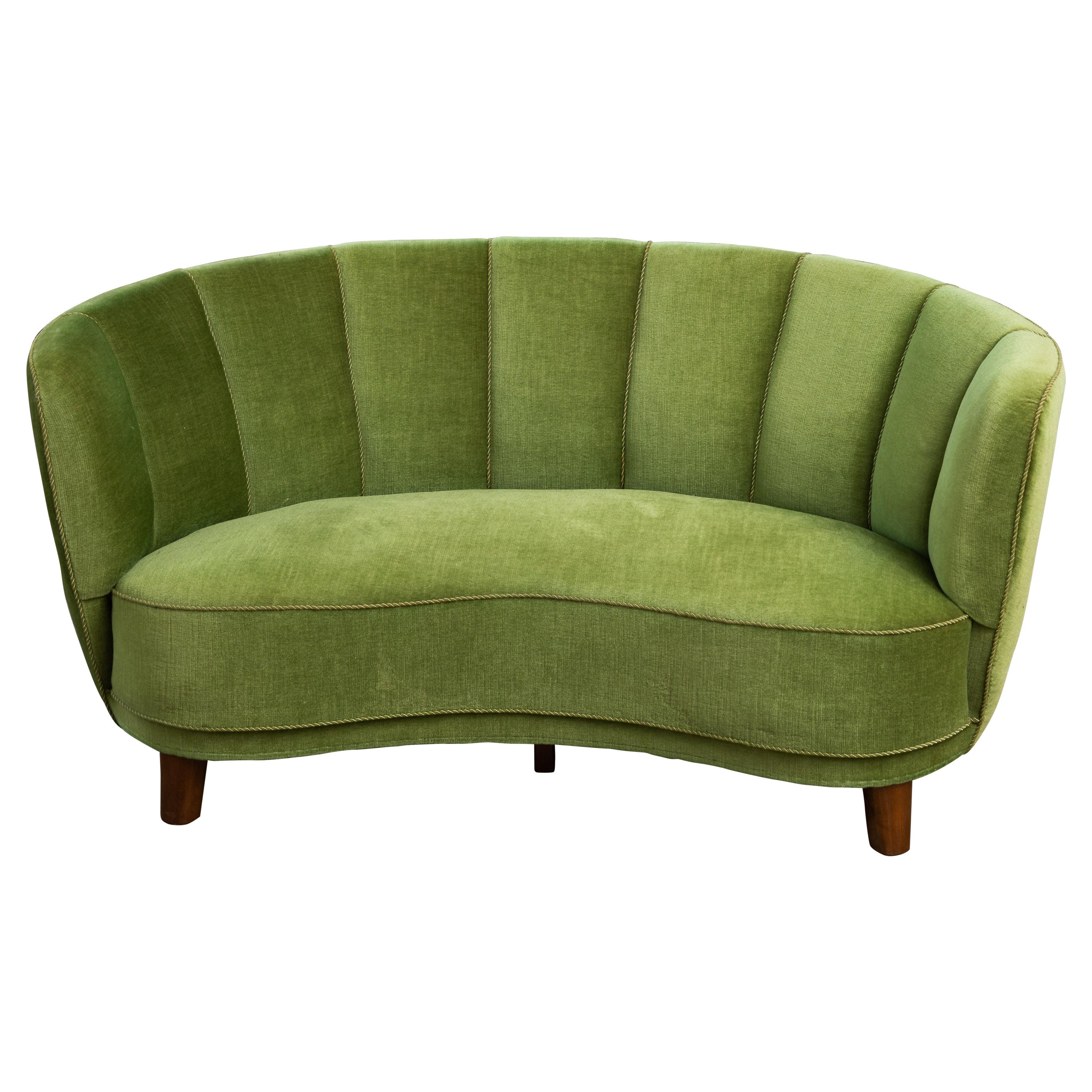 Danish 1940s Boesen Style Banana Form Curved Sofa or Loveseat in Green Mohair