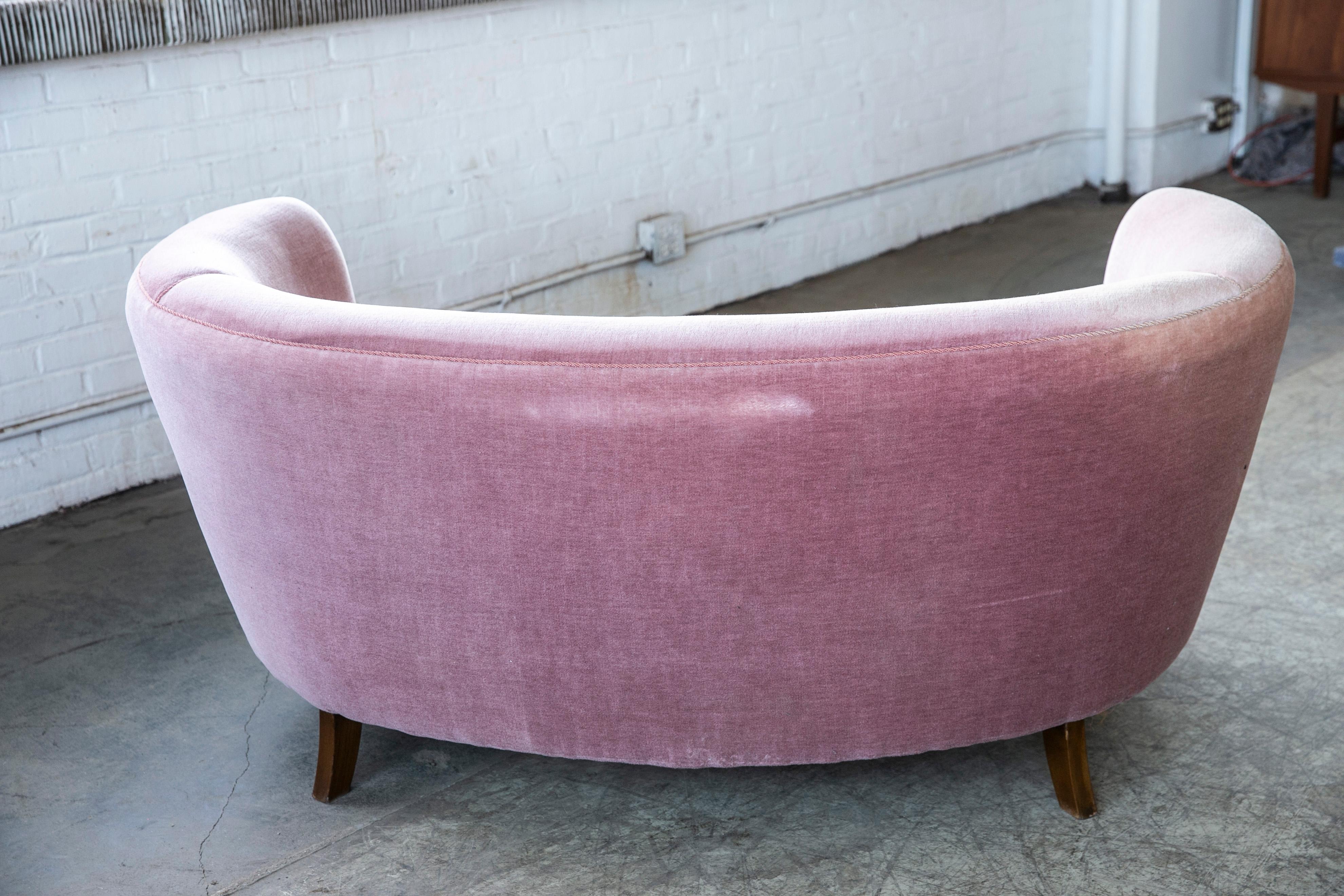 Danish 1940s Boesen Style Banana Form Curved Sofa or Loveseat in Pink Mohair 2