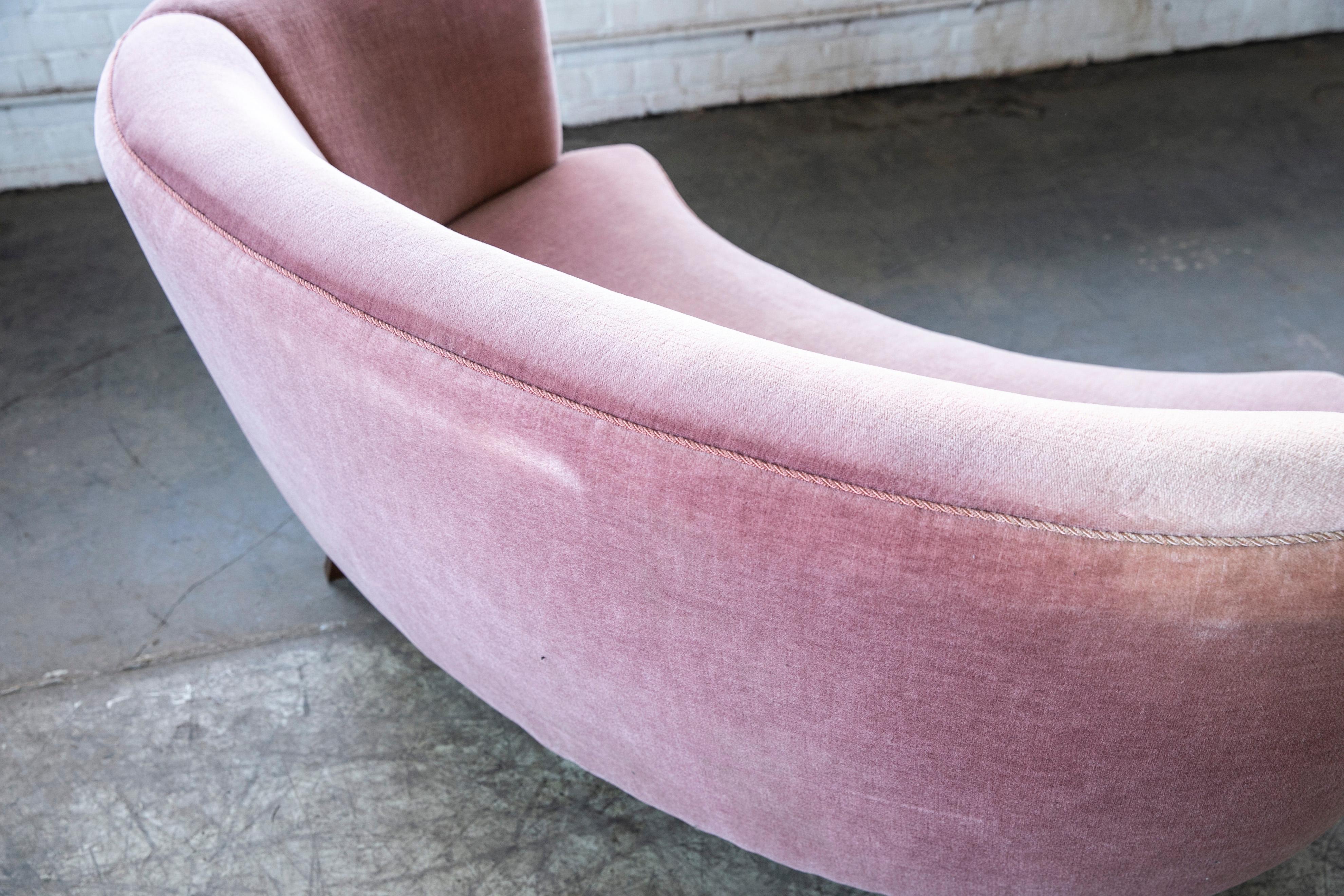 Danish 1940s Boesen Style Banana Form Curved Sofa or Loveseat in Pink Mohair 3