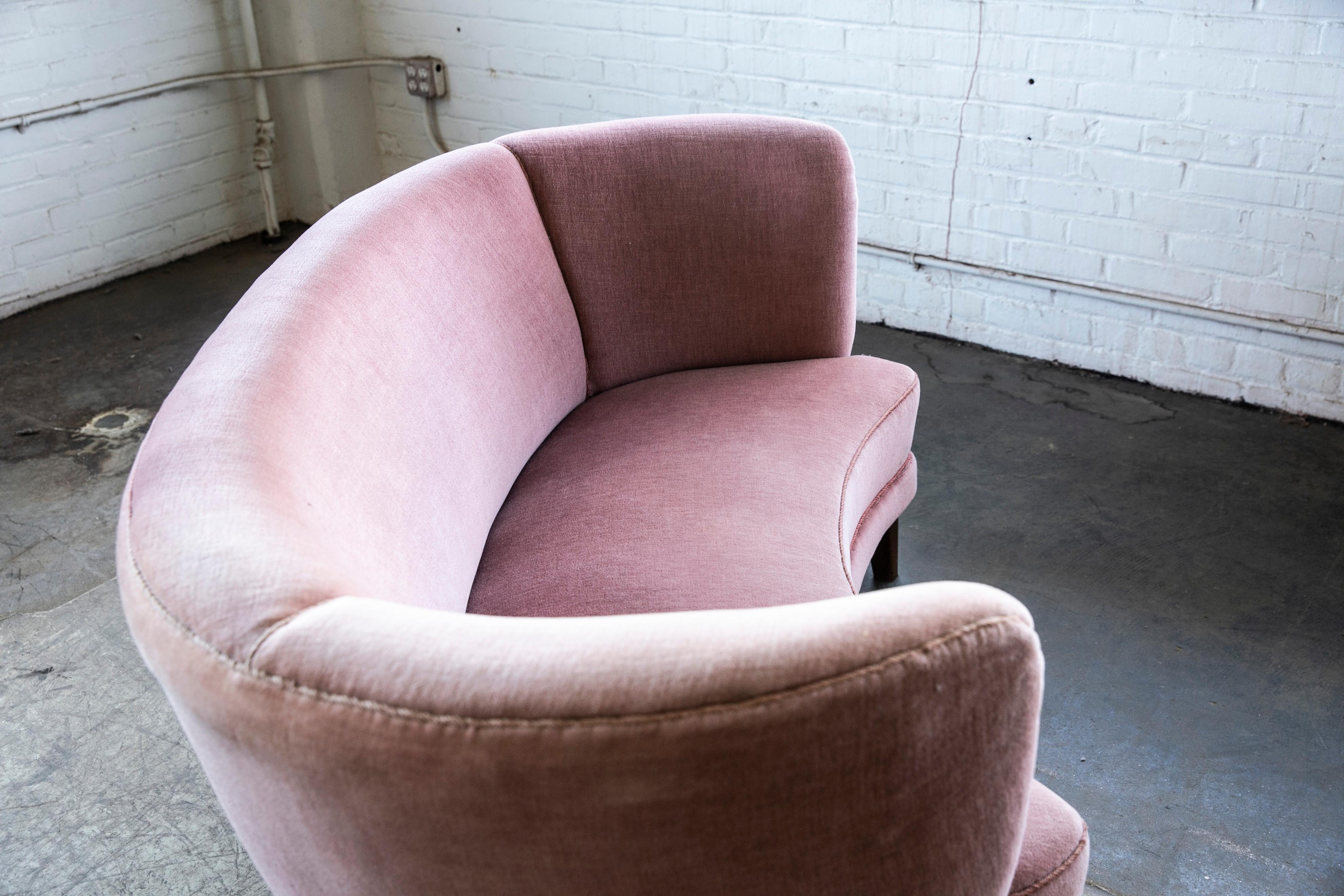 Danish 1940s Boesen Style Banana Form Curved Sofa or Loveseat in Pink Mohair 4