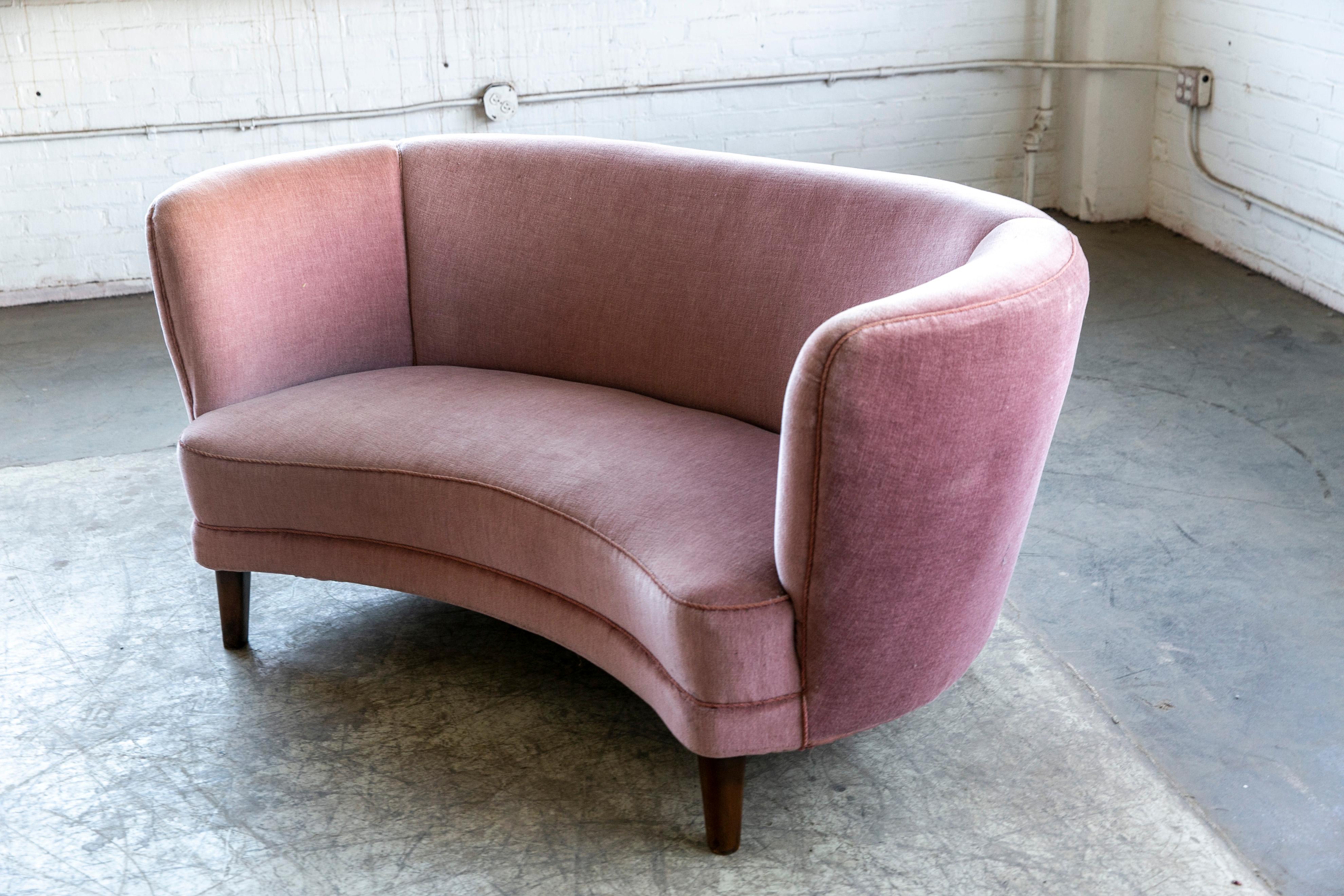 Mid-Century Modern Danish 1940s Boesen Style Banana Form Curved Sofa or Loveseat in Pink Mohair