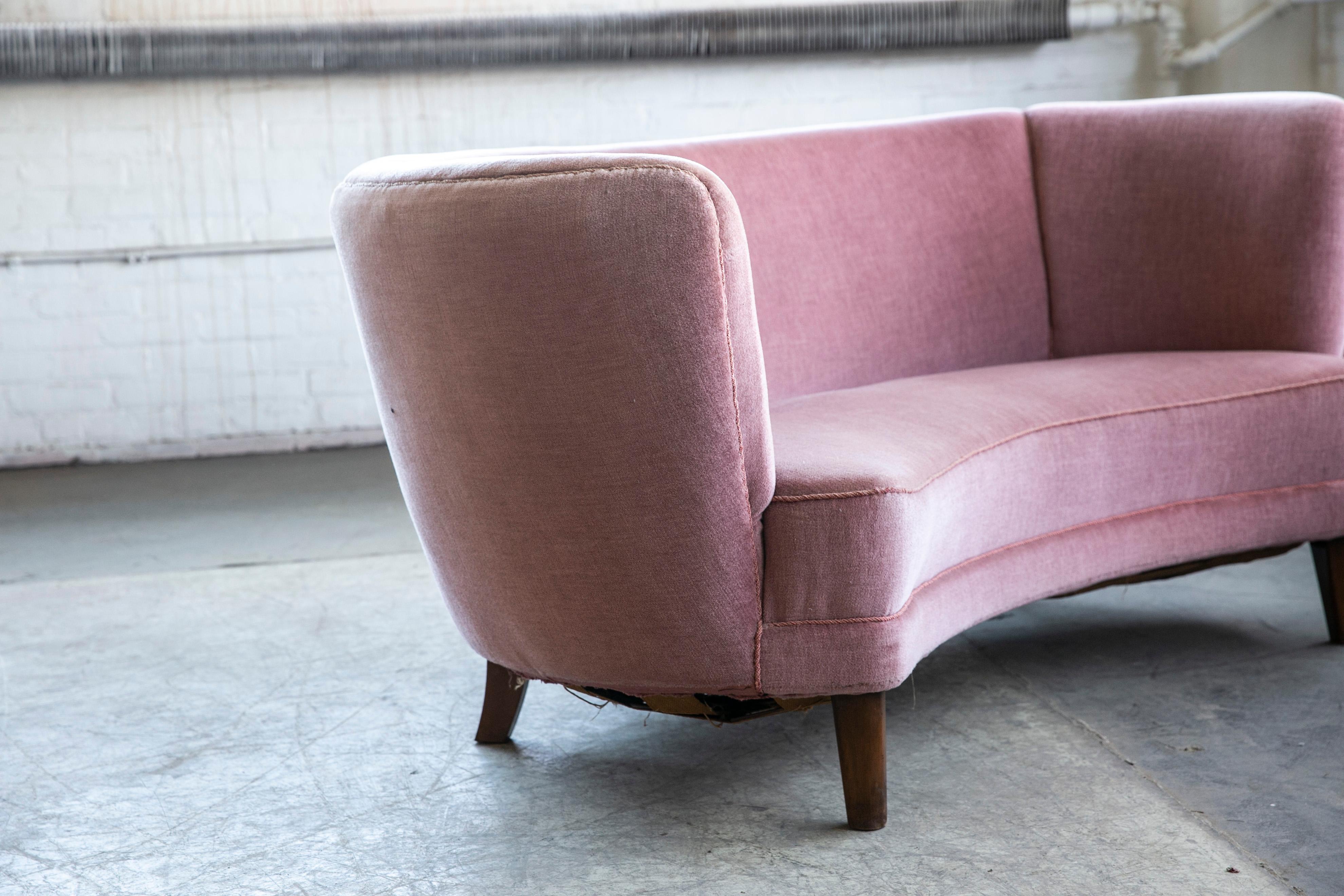Beech Danish 1940s Boesen Style Banana Form Curved Sofa or Loveseat in Pink Mohair