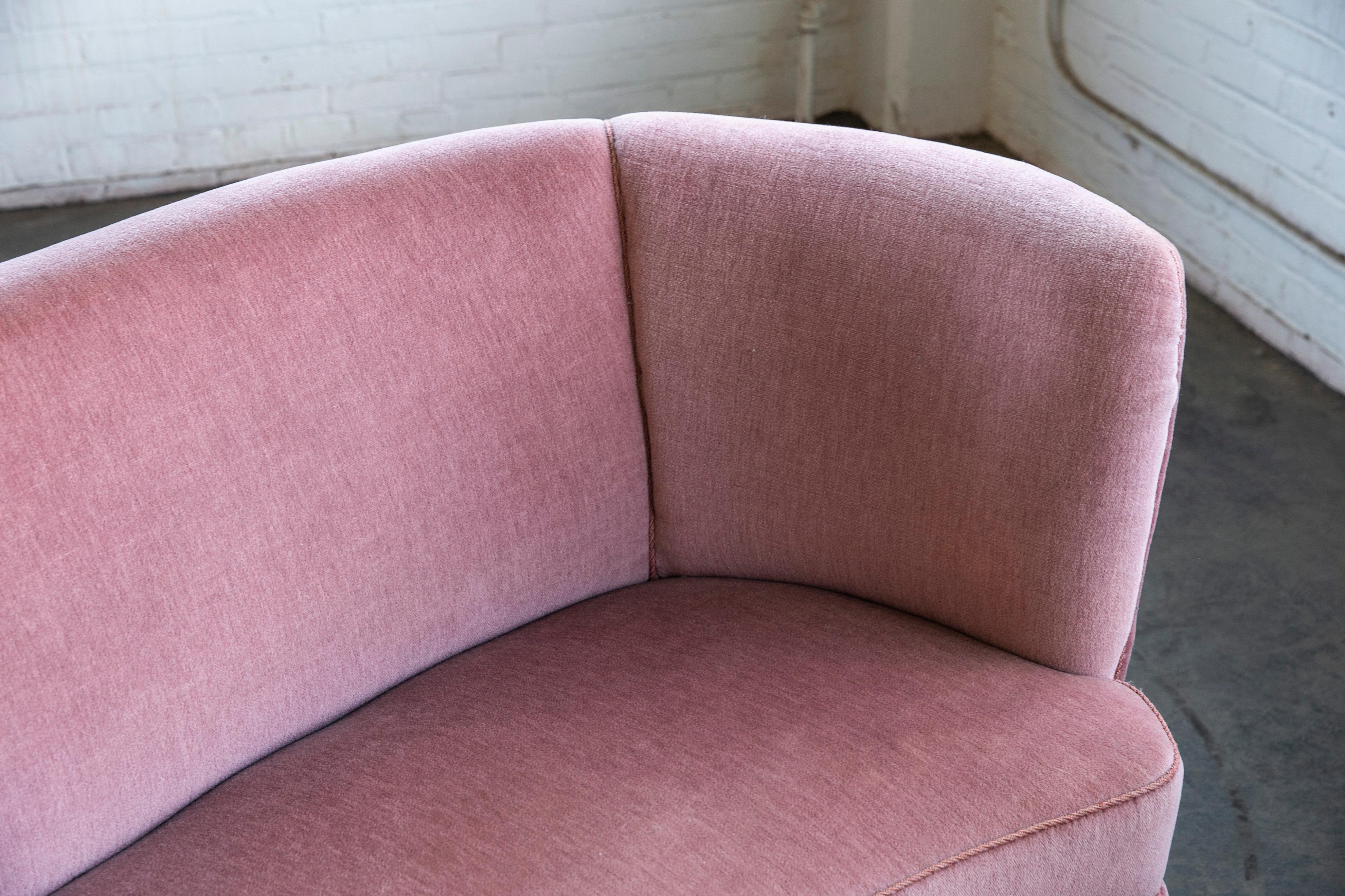 Danish 1940s Boesen Style Banana Form Curved Sofa or Loveseat in Pink Mohair 1