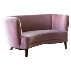 Danish 1940s Boesen Style Banana Form Curved Sofa or Loveseat in Pink Mohair