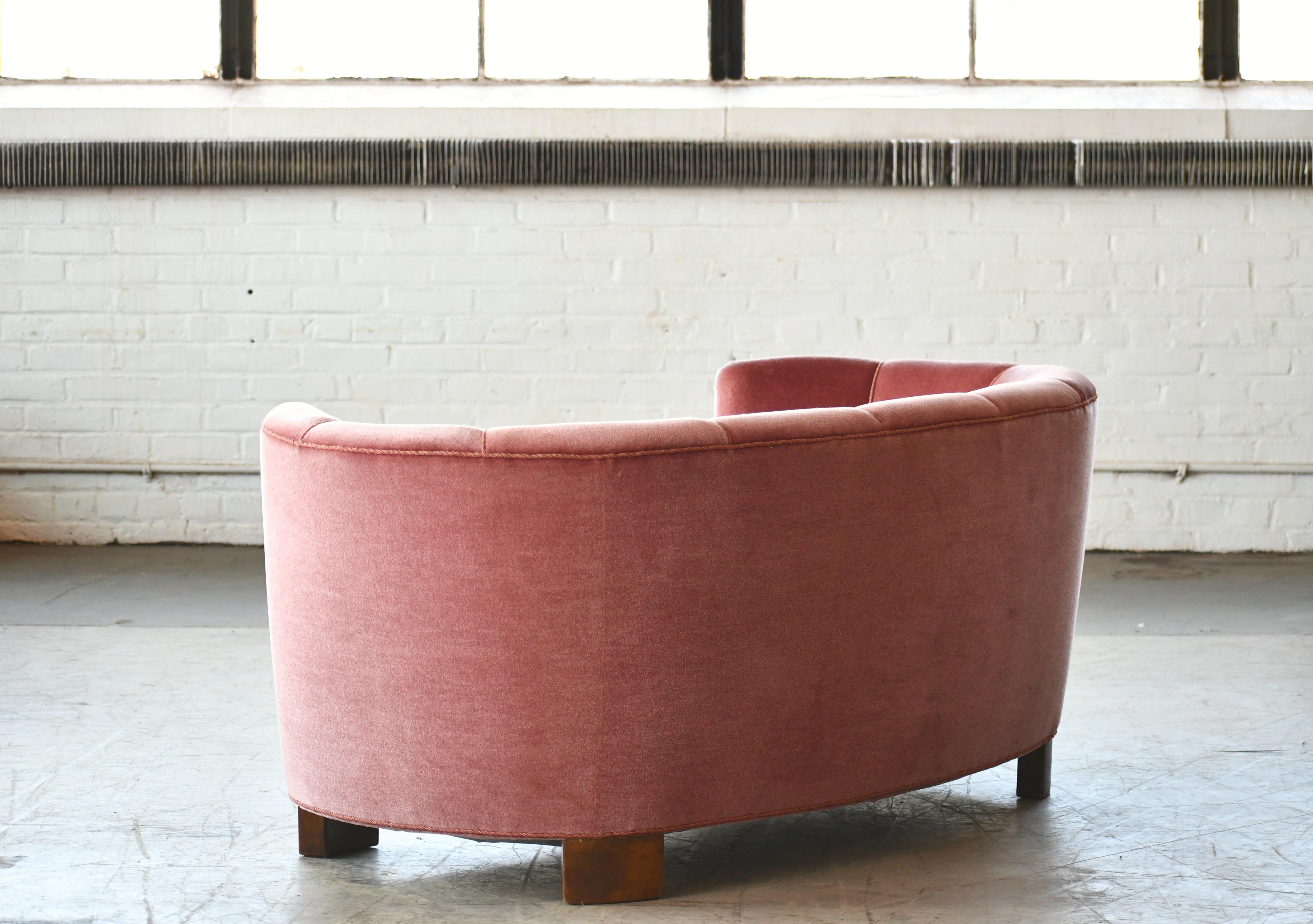 Danish 1940s Boesen Style Banana Form Curved Sofa or Loveseat in Pink Velvet 4