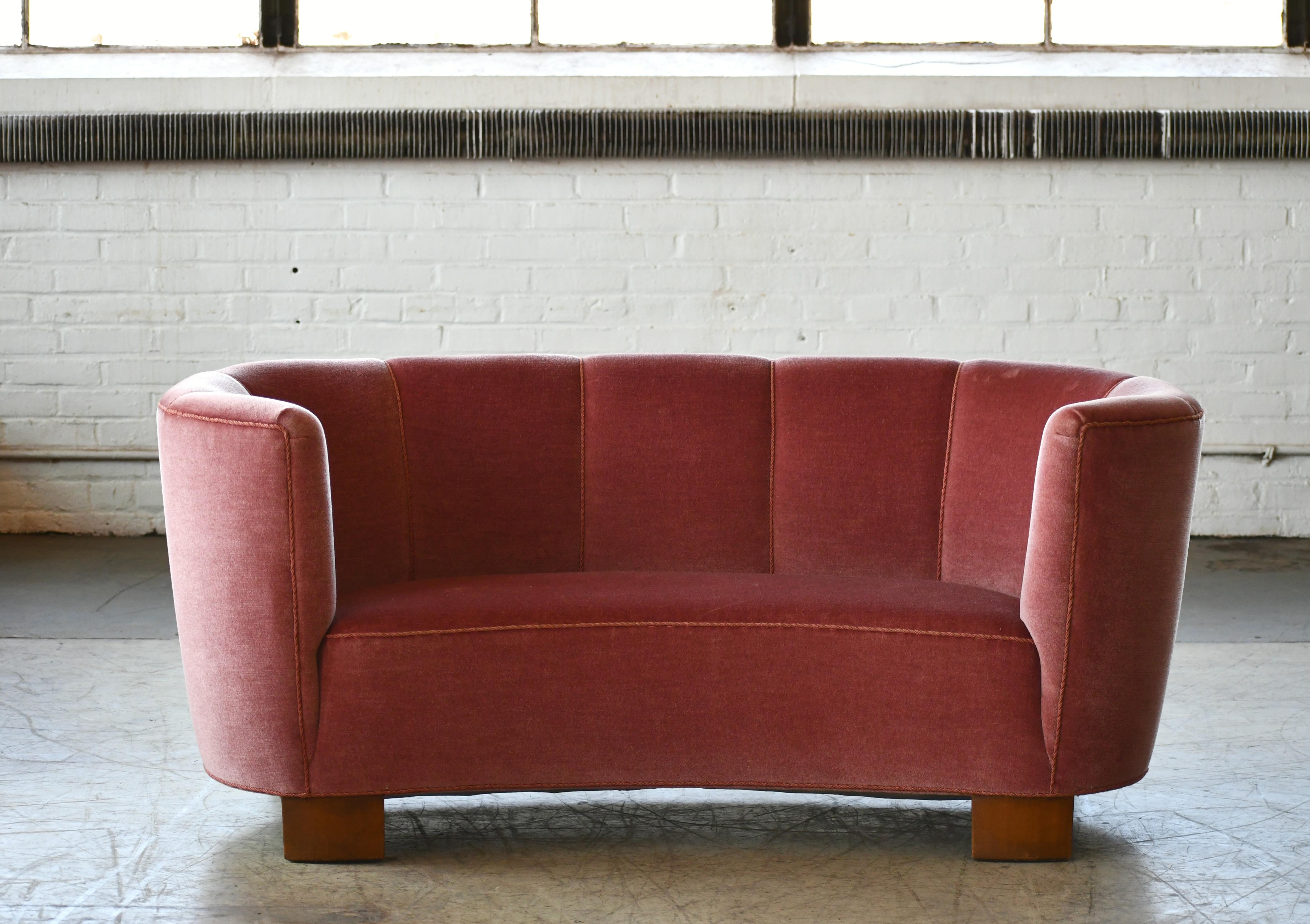 Beech Danish 1940s Boesen Style Banana Form Curved Sofa or Loveseat in Pink Velvet