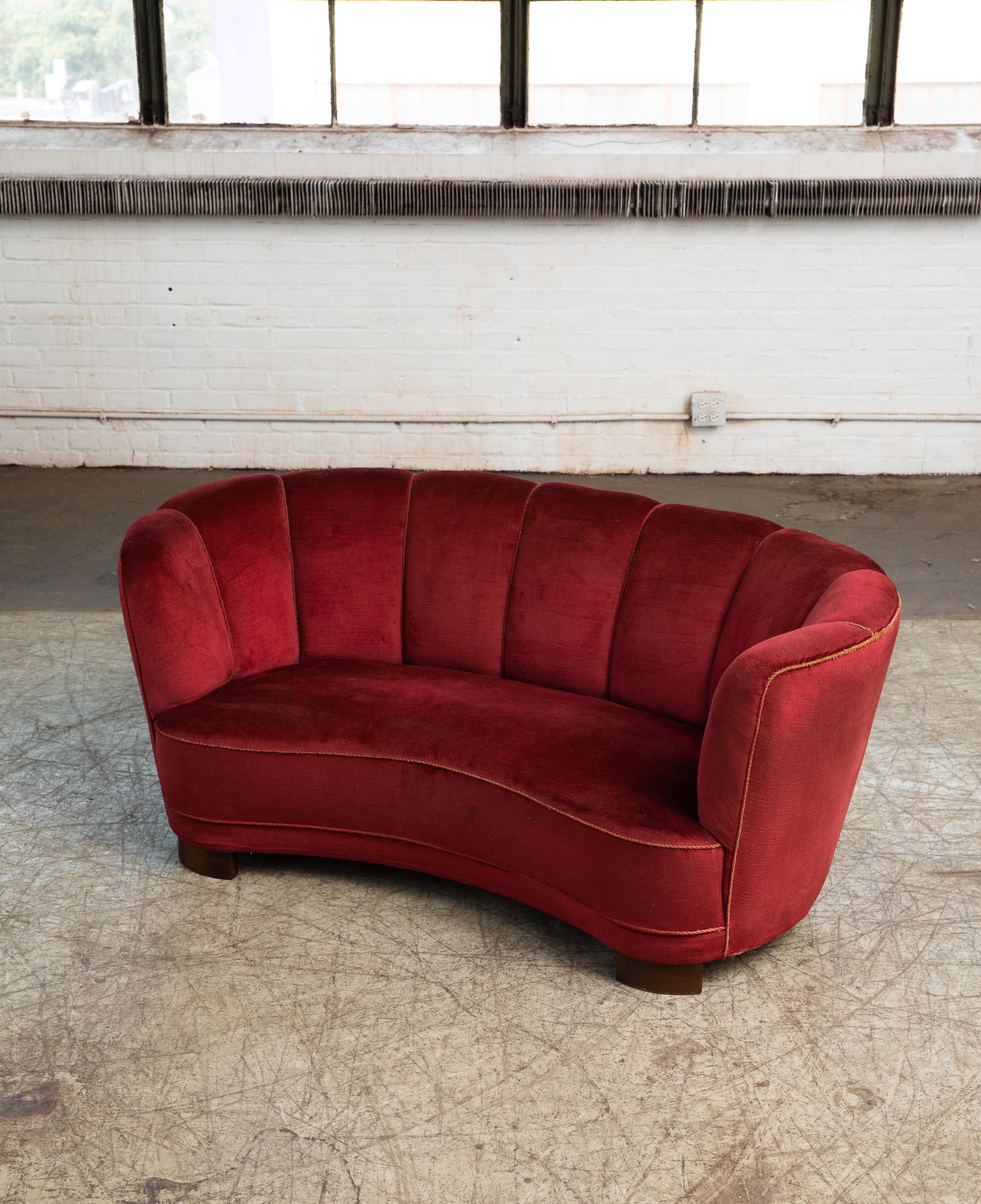 Mid-Century Modern Danish 1940s Boesen Style Banana Form Curved Sofa or Loveseat in Red Mohair