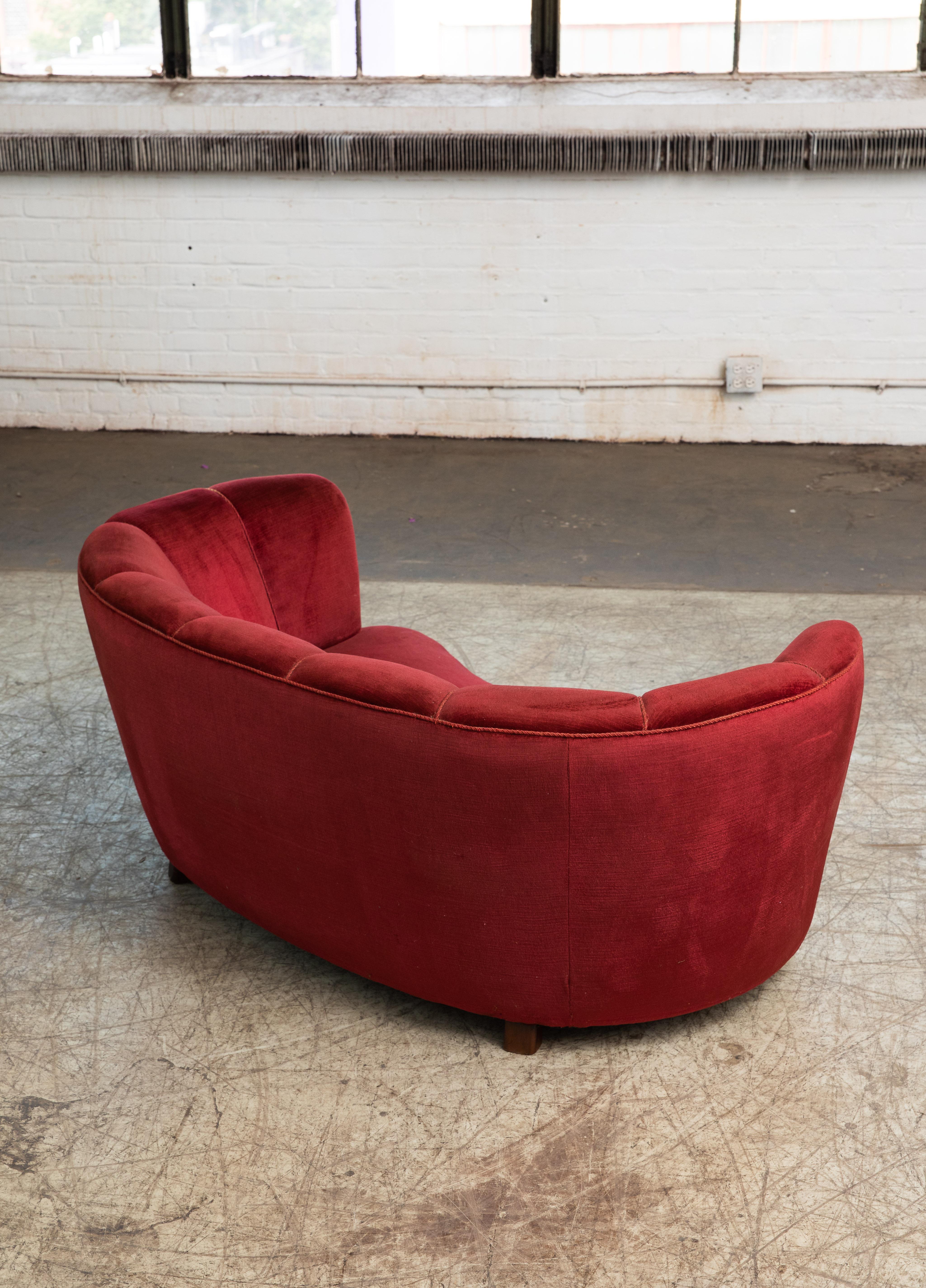 Danish 1940s Boesen Style Banana Form Curved Sofa or Loveseat in Red Mohair 1