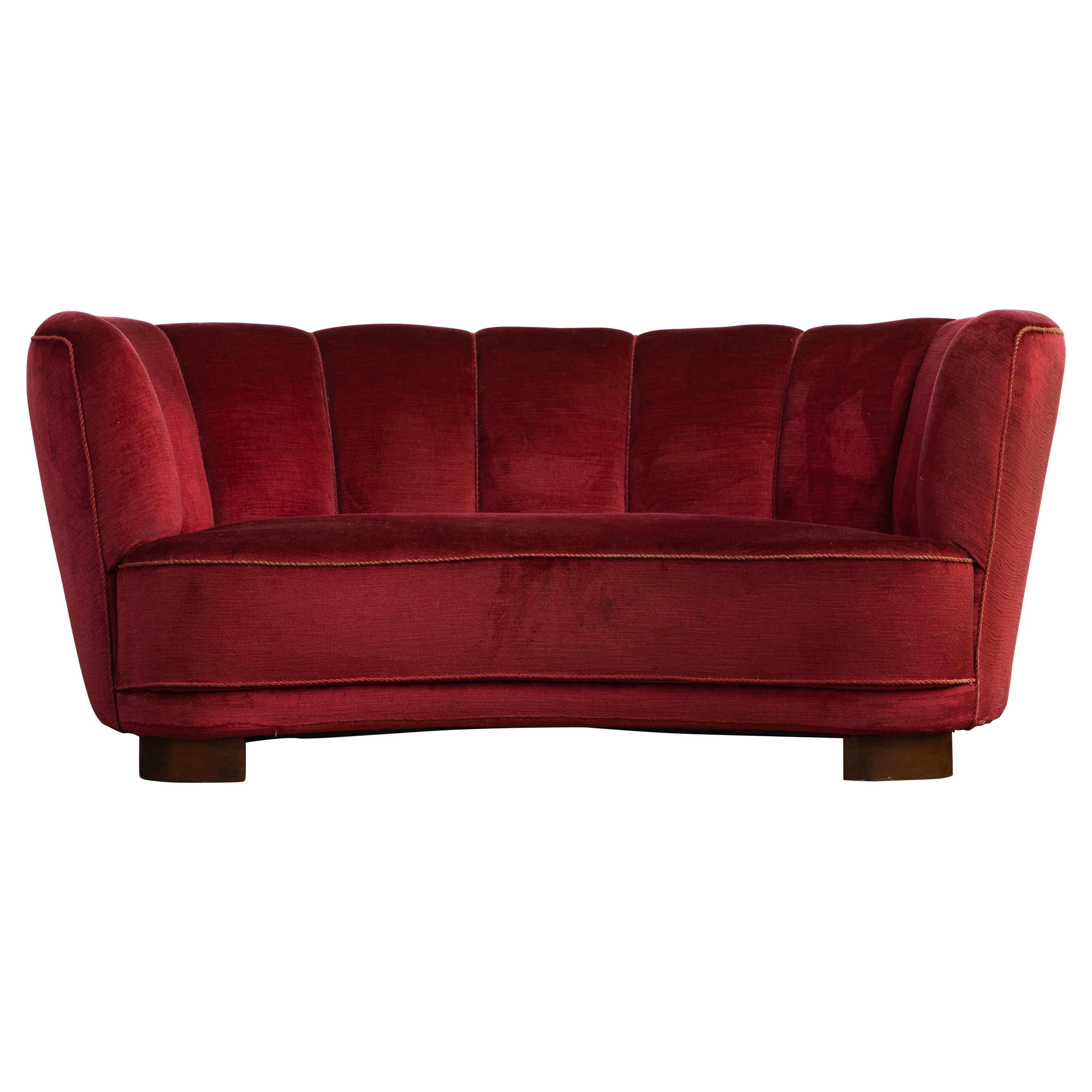 Danish 1940s Boesen Style Banana Form Curved Sofa or Loveseat in Red Mohair