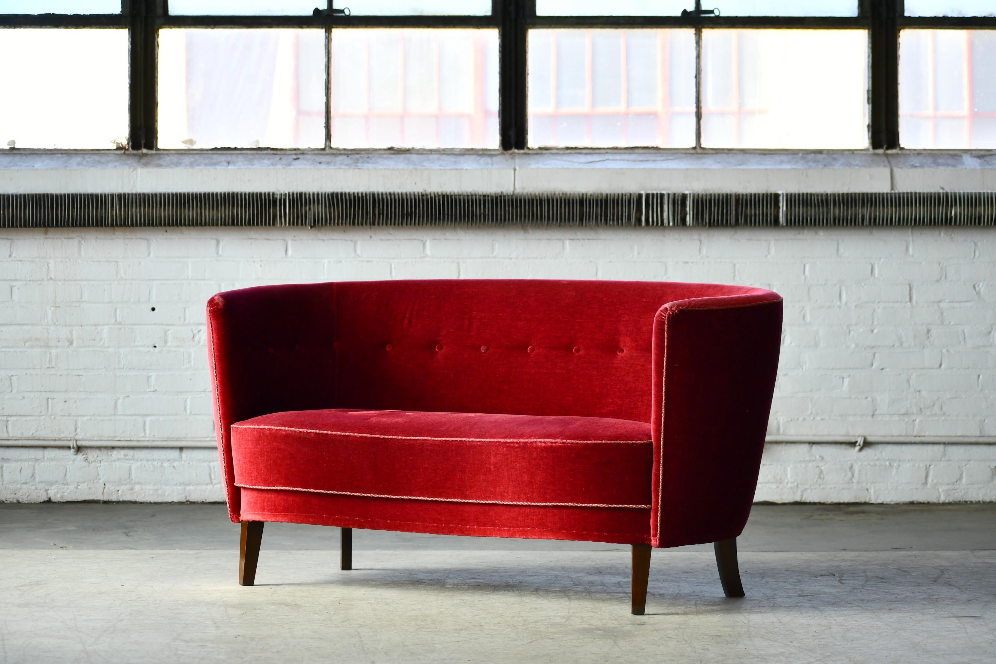 Mid-Century Modern Danish 1940s Boesen Style Banana Form Curved Sofa or Loveseat in Red Velvet