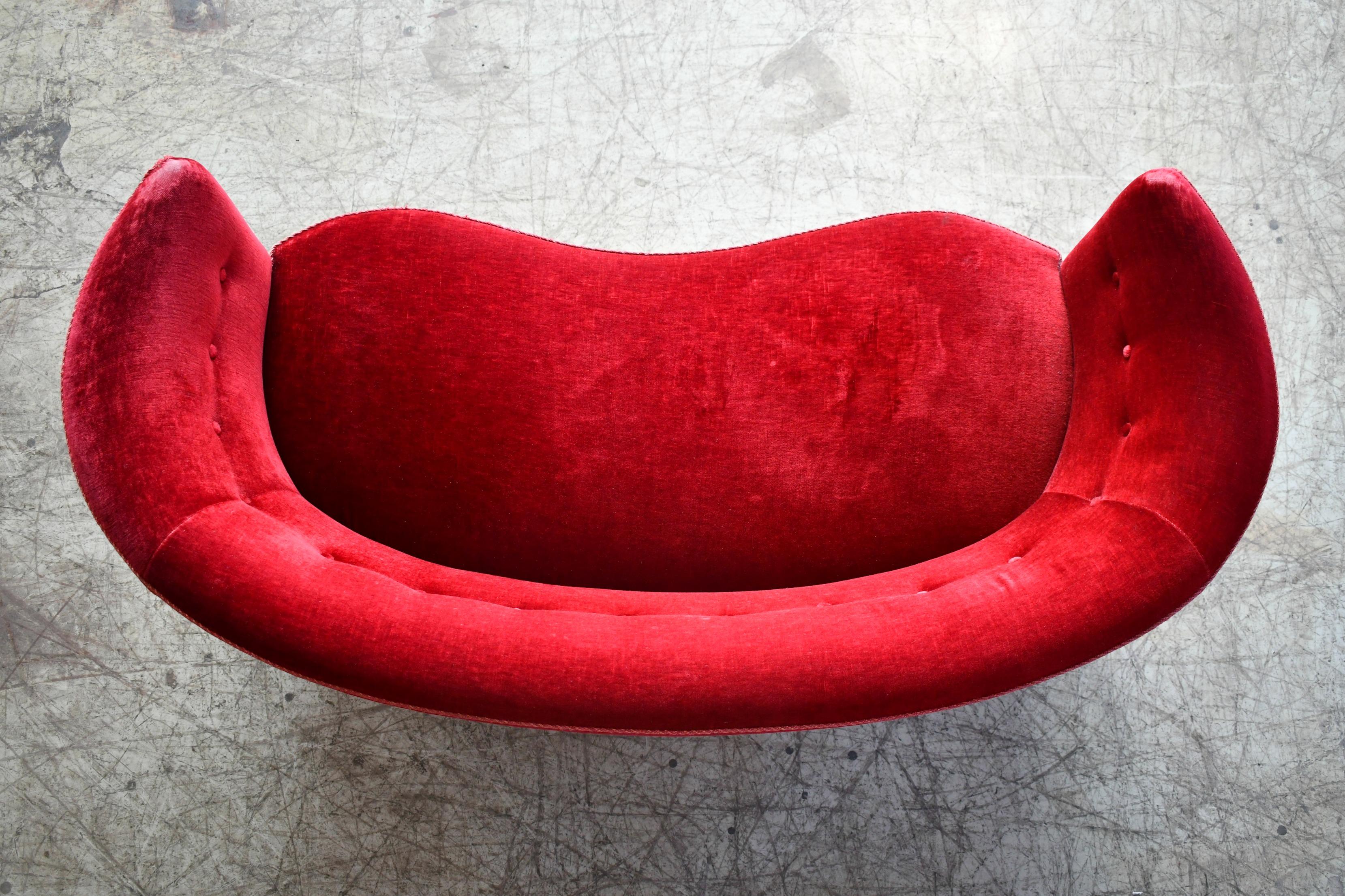 Mohair Danish 1940s Boesen Style Banana Form Curved Sofa or Loveseat in Red Velvet