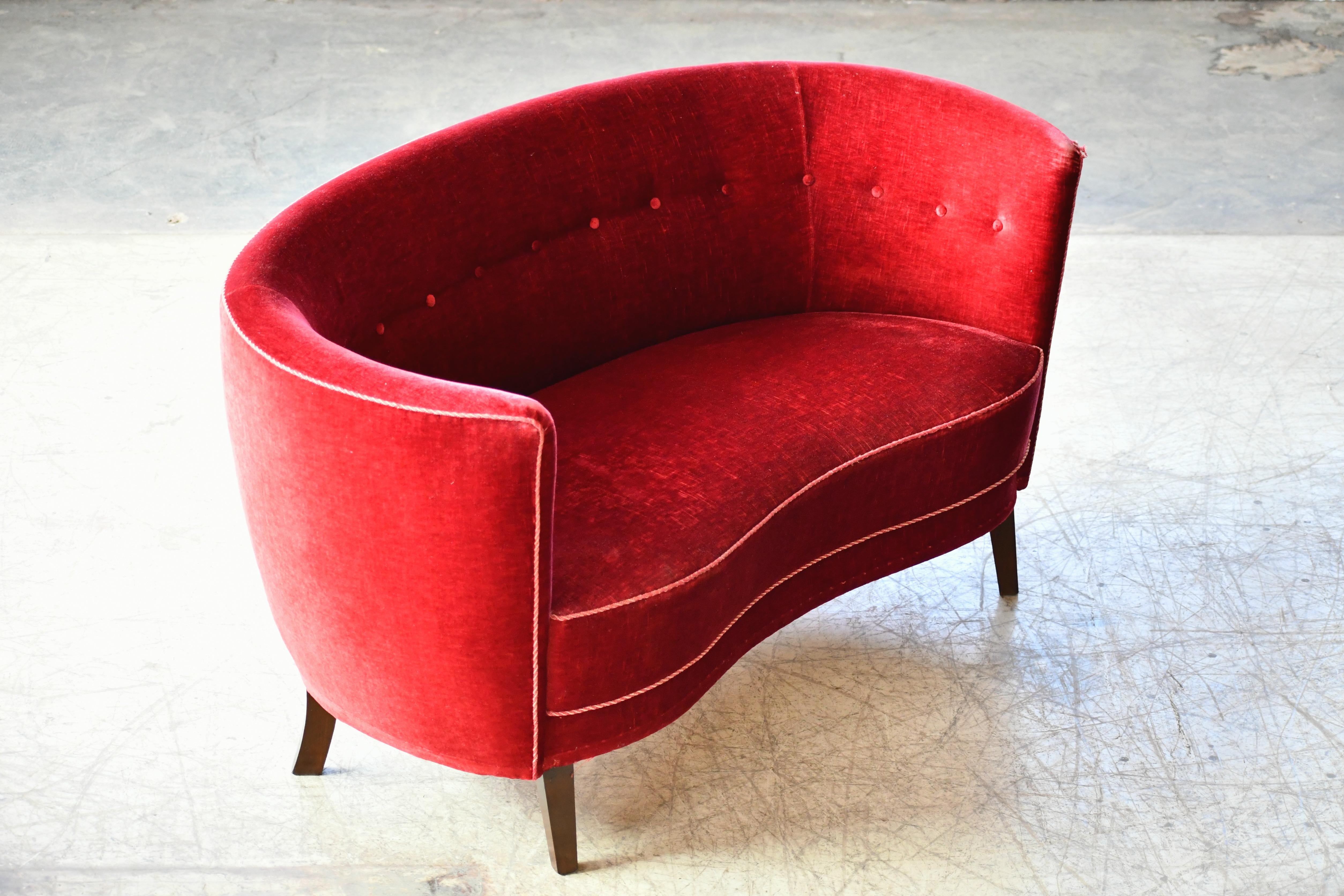 Danish 1940s Boesen Style Banana Form Curved Sofa or Loveseat in Red Velvet 1