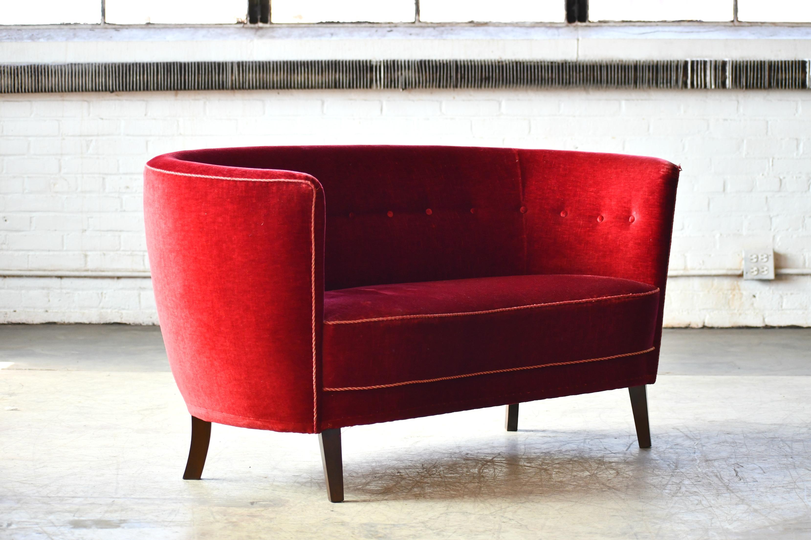 Danish 1940s Boesen Style Banana Form Curved Sofa or Loveseat in Red Velvet 2