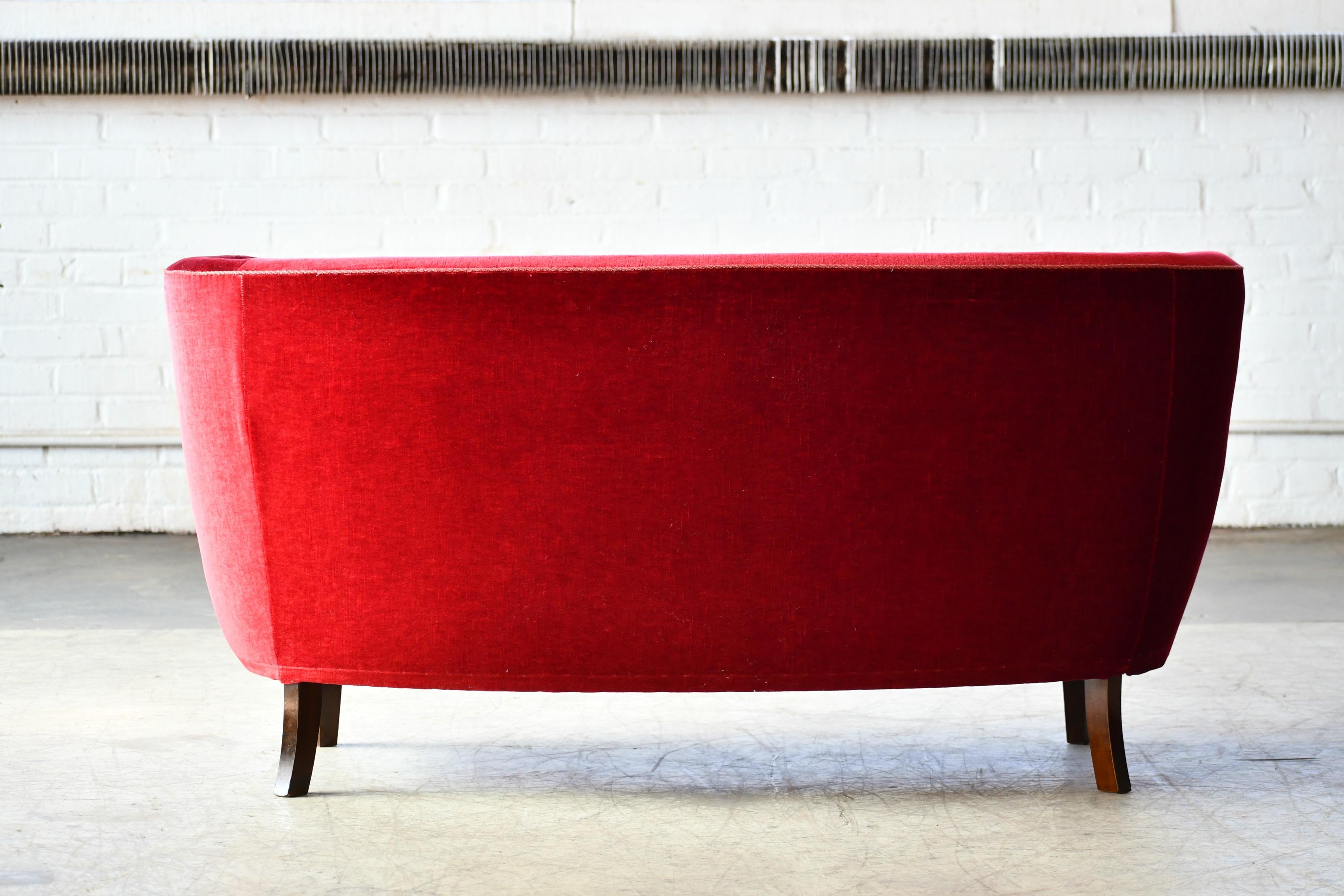 Danish 1940s Boesen Style Banana Form Curved Sofa or Loveseat in Red Velvet 3