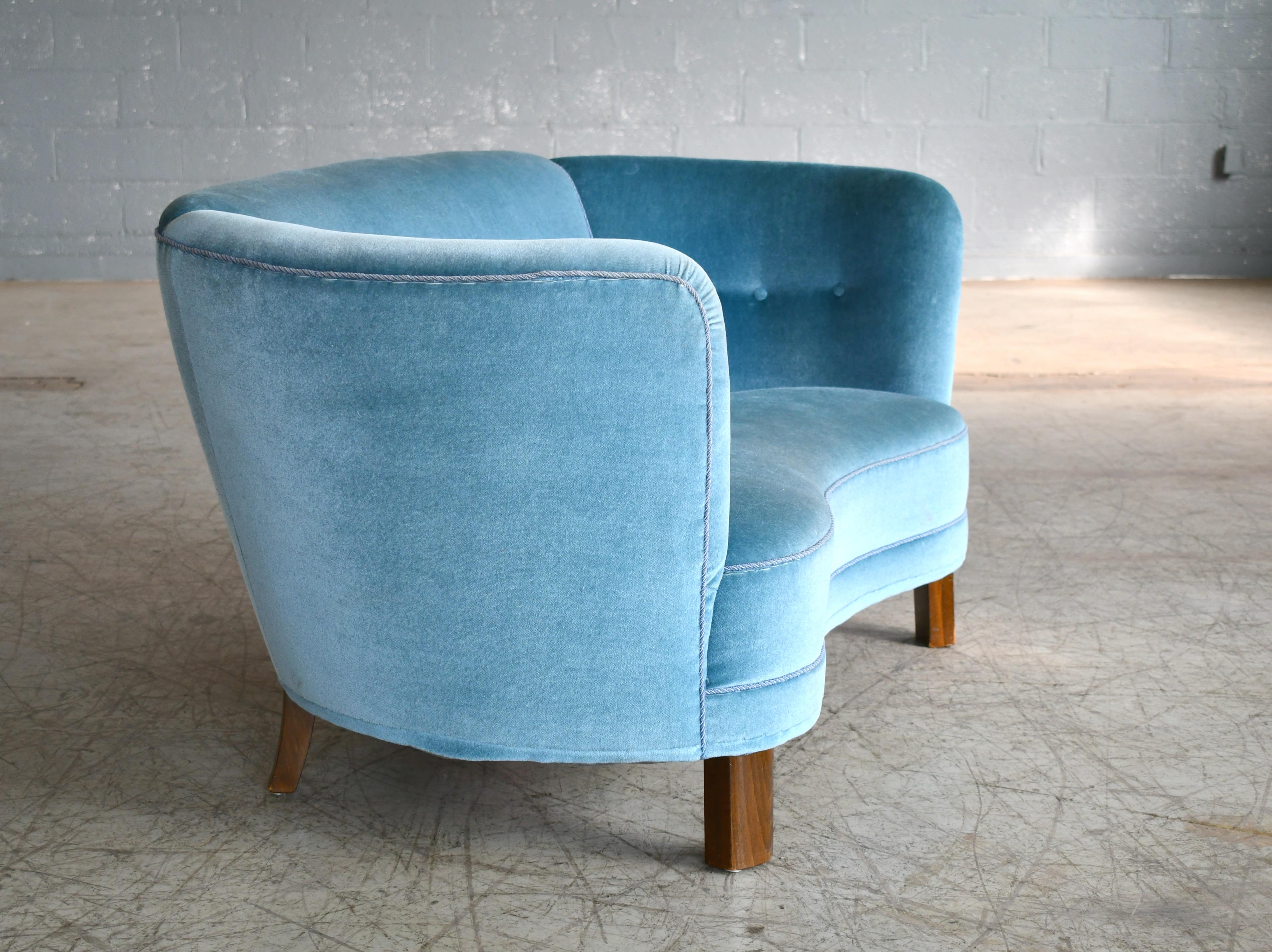 Mid-Century Modern Danish 1940s Boesen Style Banana Form Curved Sofa or Loveseat in Teal Velvet
