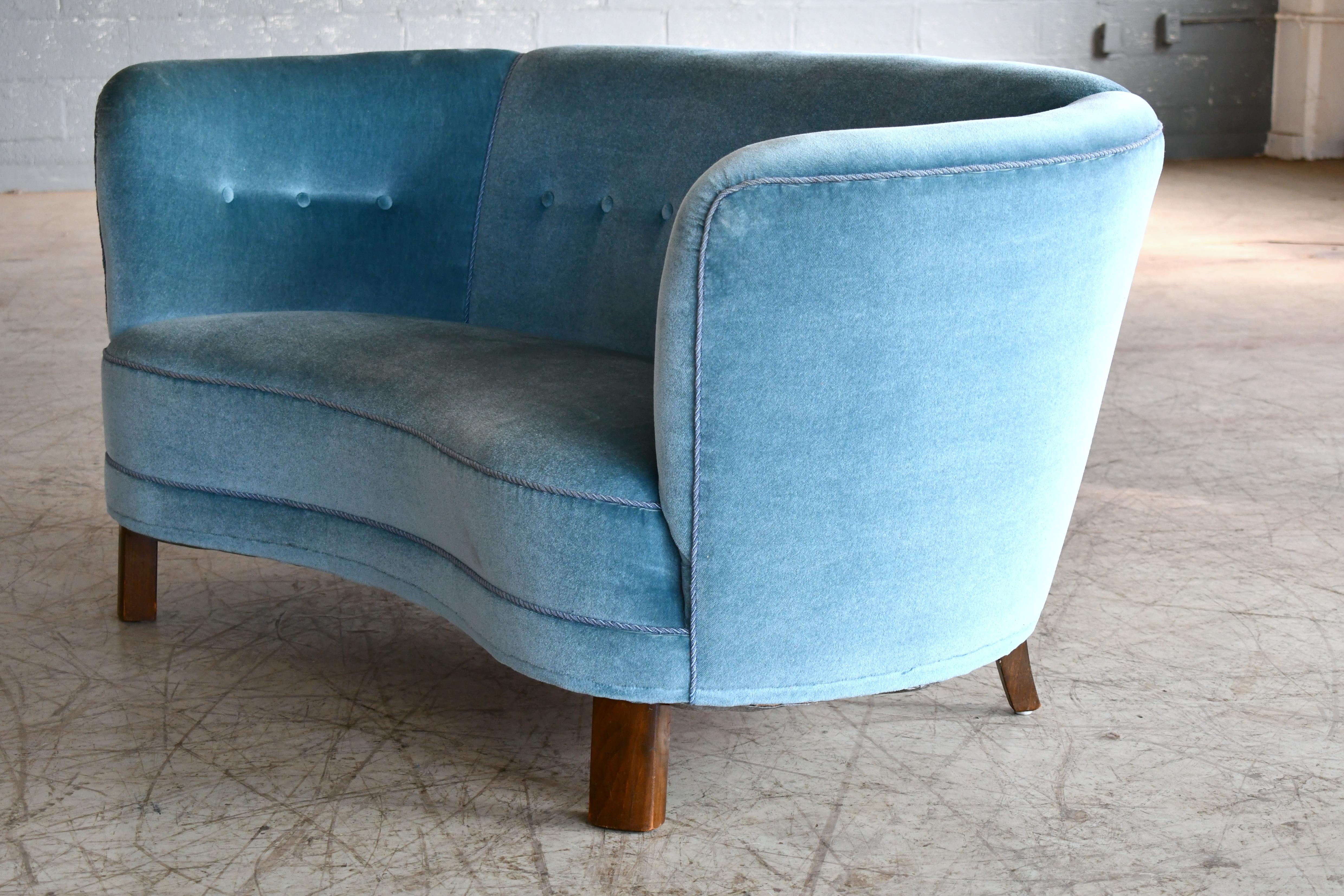 Wool Danish 1940s Boesen Style Banana Form Curved Sofa or Loveseat in Teal Velvet